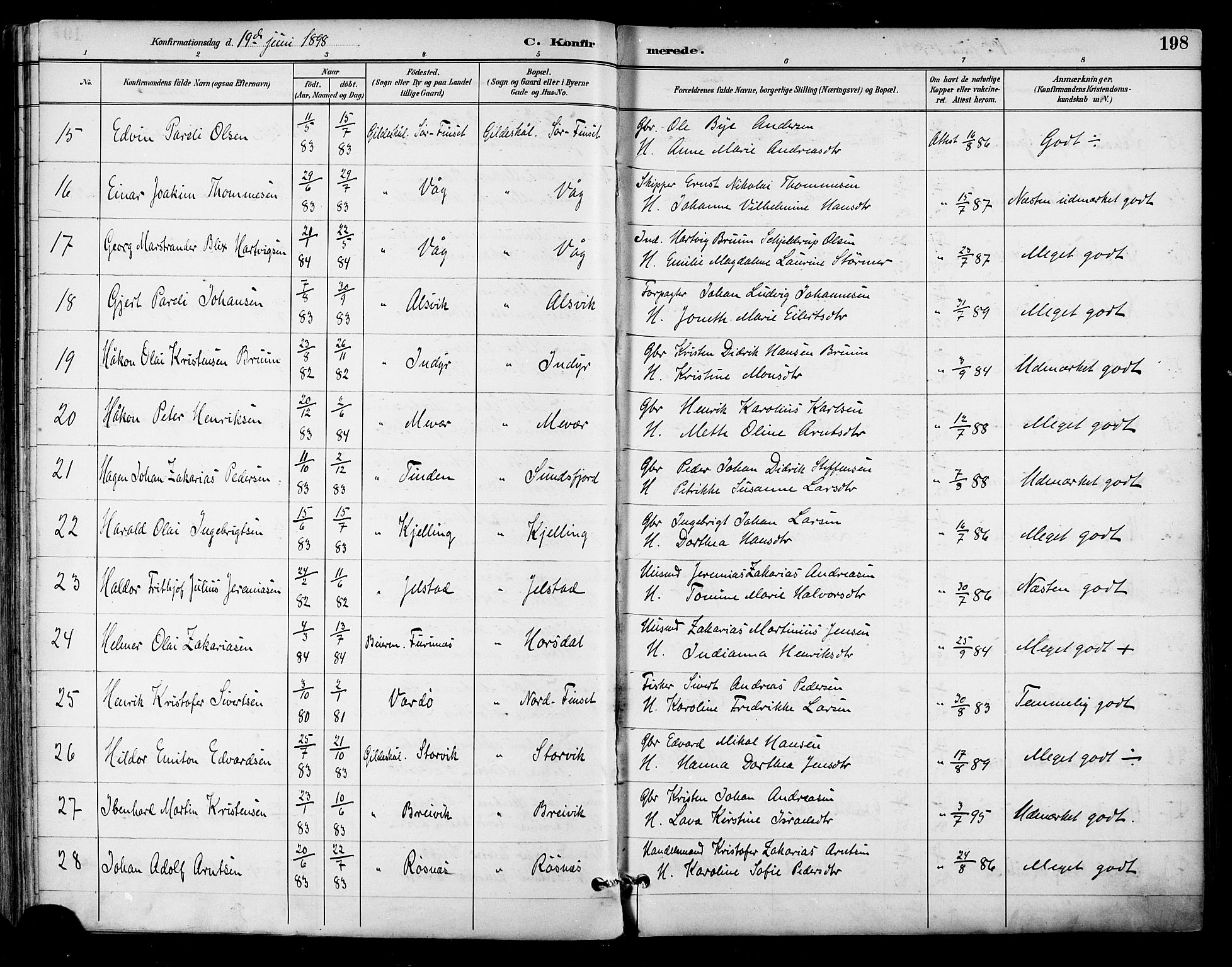 Ministerialprotokoller, klokkerbøker og fødselsregistre - Nordland, AV/SAT-A-1459/805/L0101: Parish register (official) no. 805A07, 1892-1899, p. 198