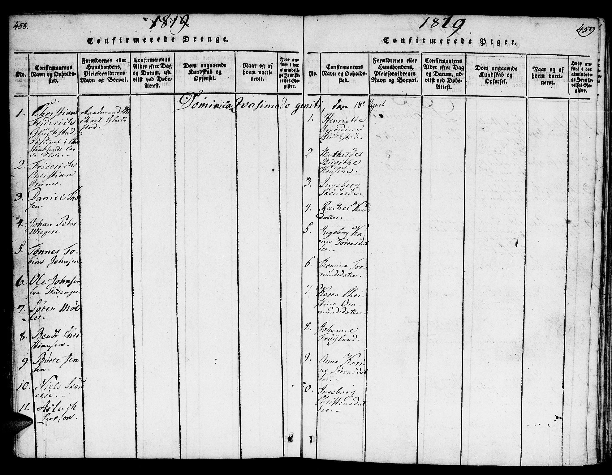 Kristiansand domprosti, SAK/1112-0006/F/Fb/L0001: Parish register (copy) no. B 1, 1818-1821, p. 458-459