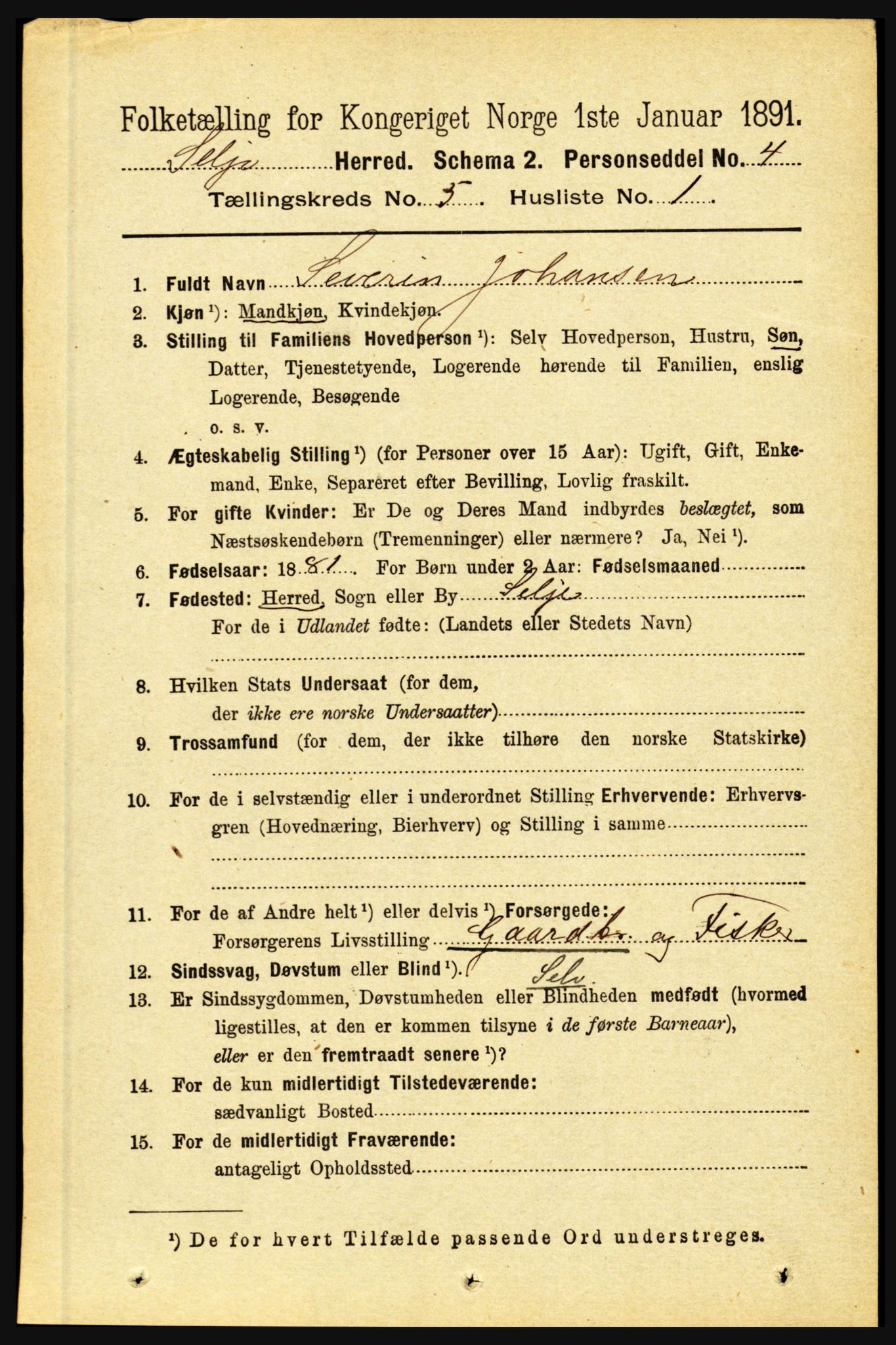 RA, 1891 census for 1441 Selje, 1891, p. 1401