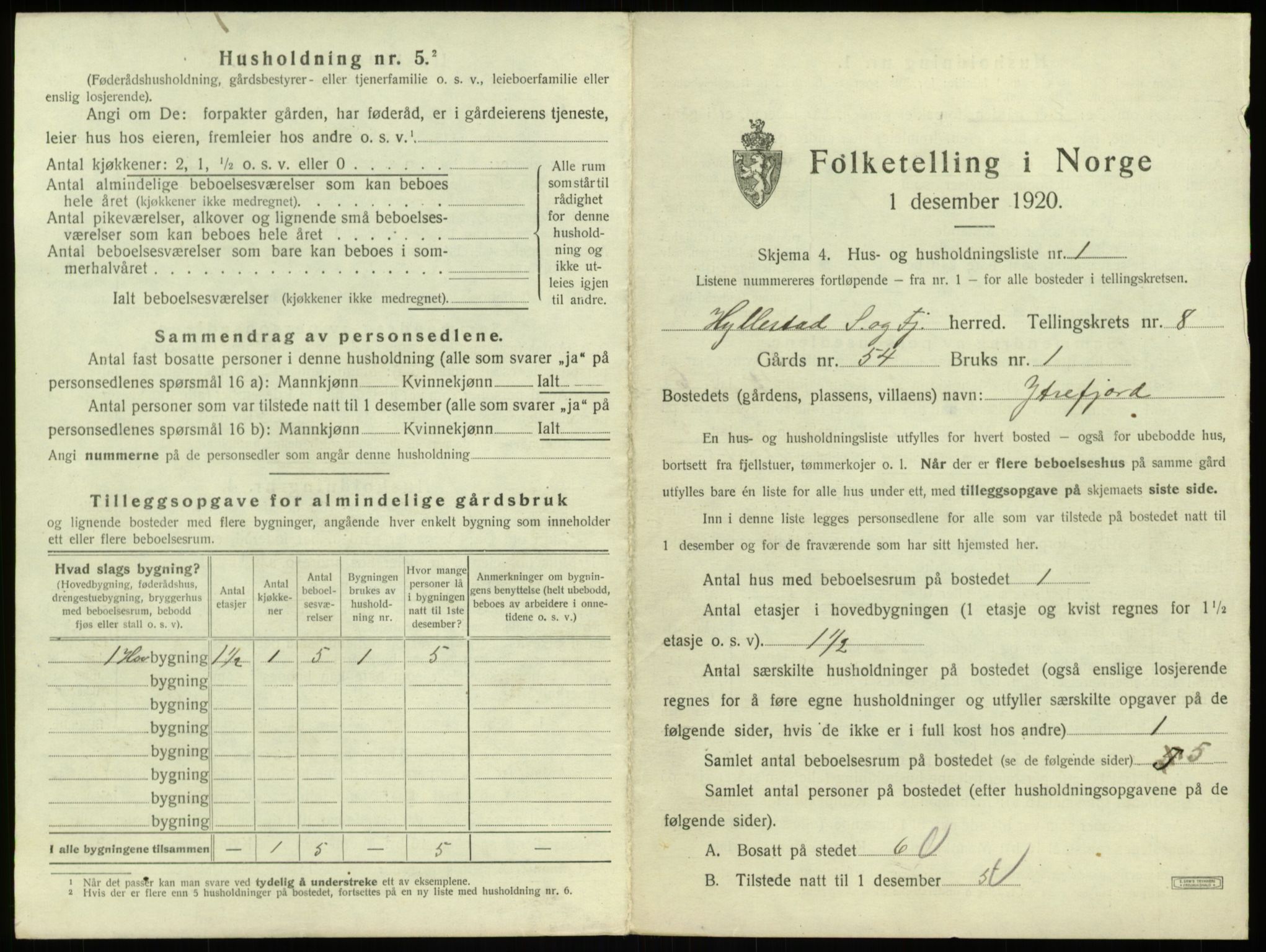 SAB, 1920 census for Hyllestad, 1920, p. 454