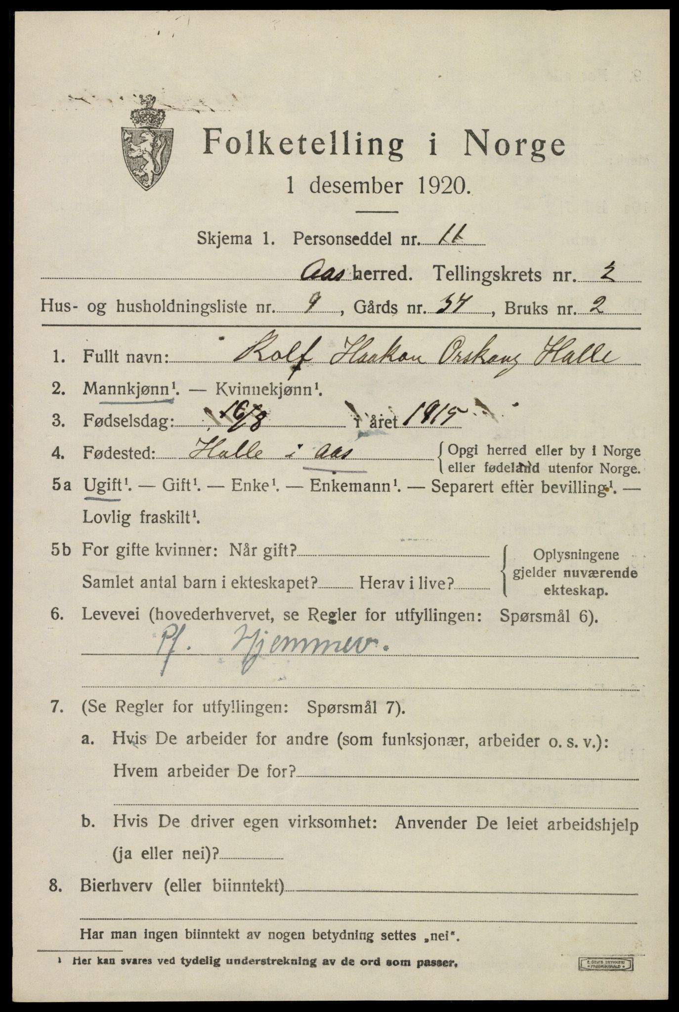 SAO, 1920 census for Ås, 1920, p. 2266