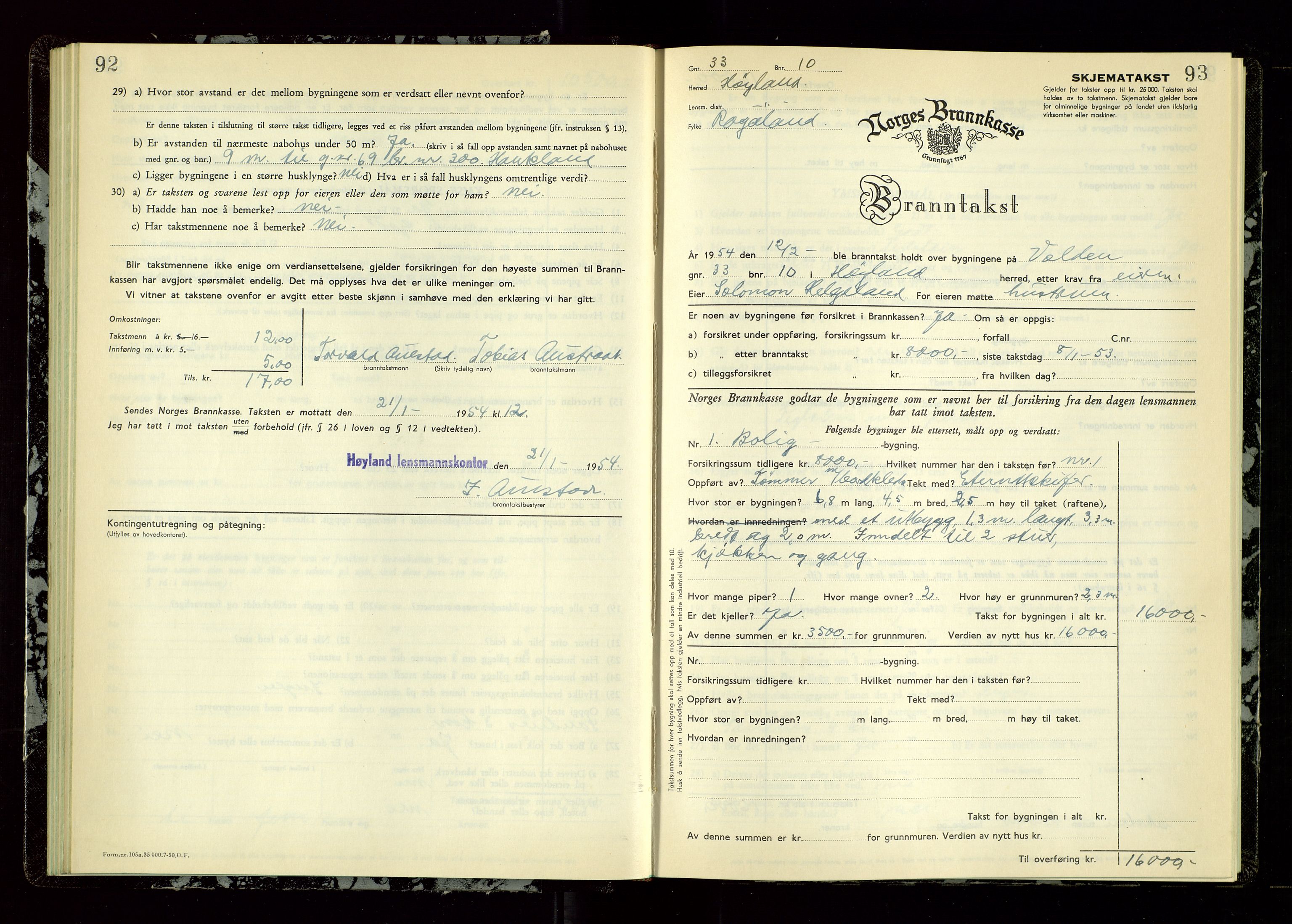 Høyland/Sandnes lensmannskontor, AV/SAST-A-100166/Gob/L0009: "Branntakstprotokoll", 1952-1955, p. 92-93