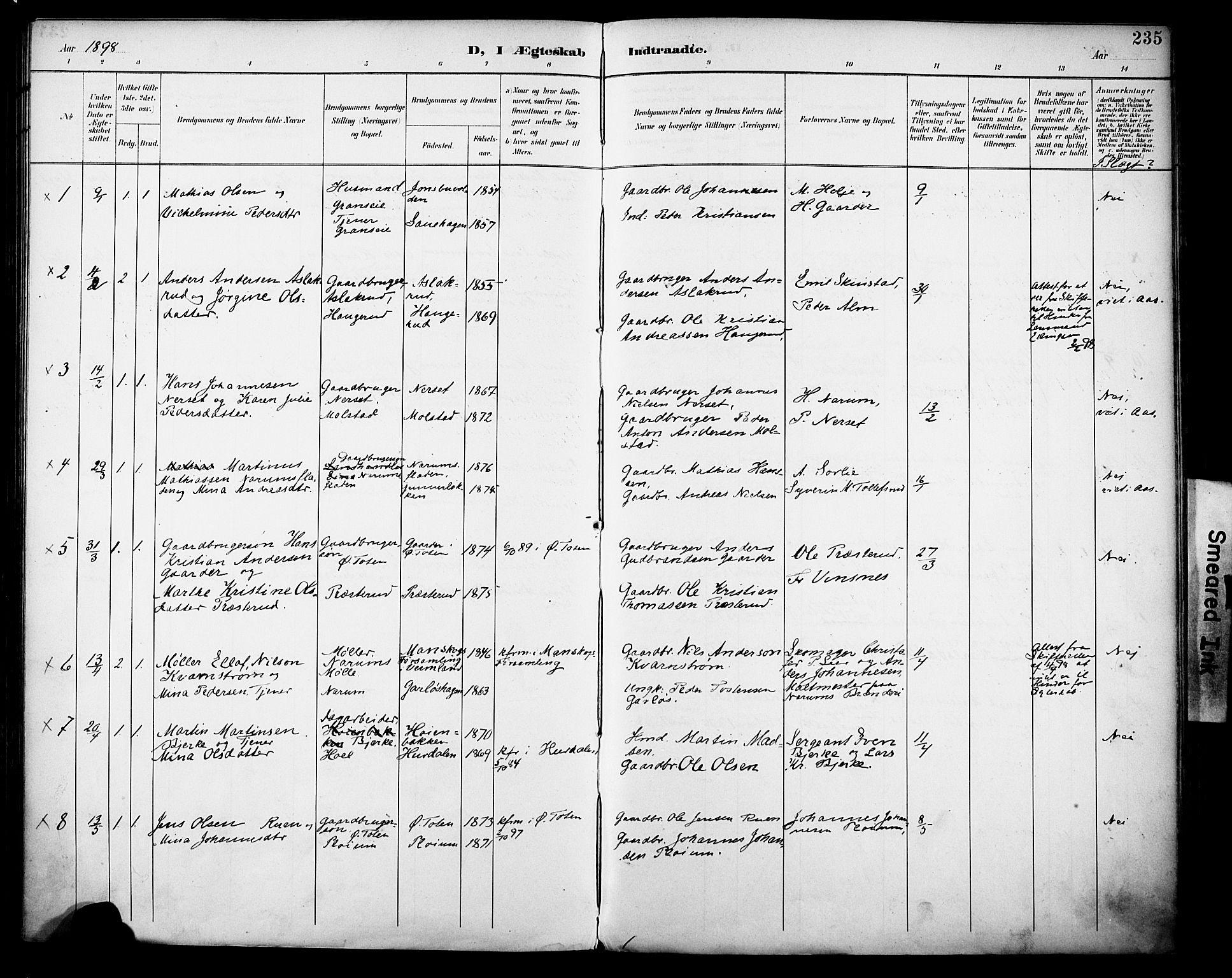 Vestre Toten prestekontor, SAH/PREST-108/H/Ha/Haa/L0013: Parish register (official) no. 13, 1895-1911, p. 235