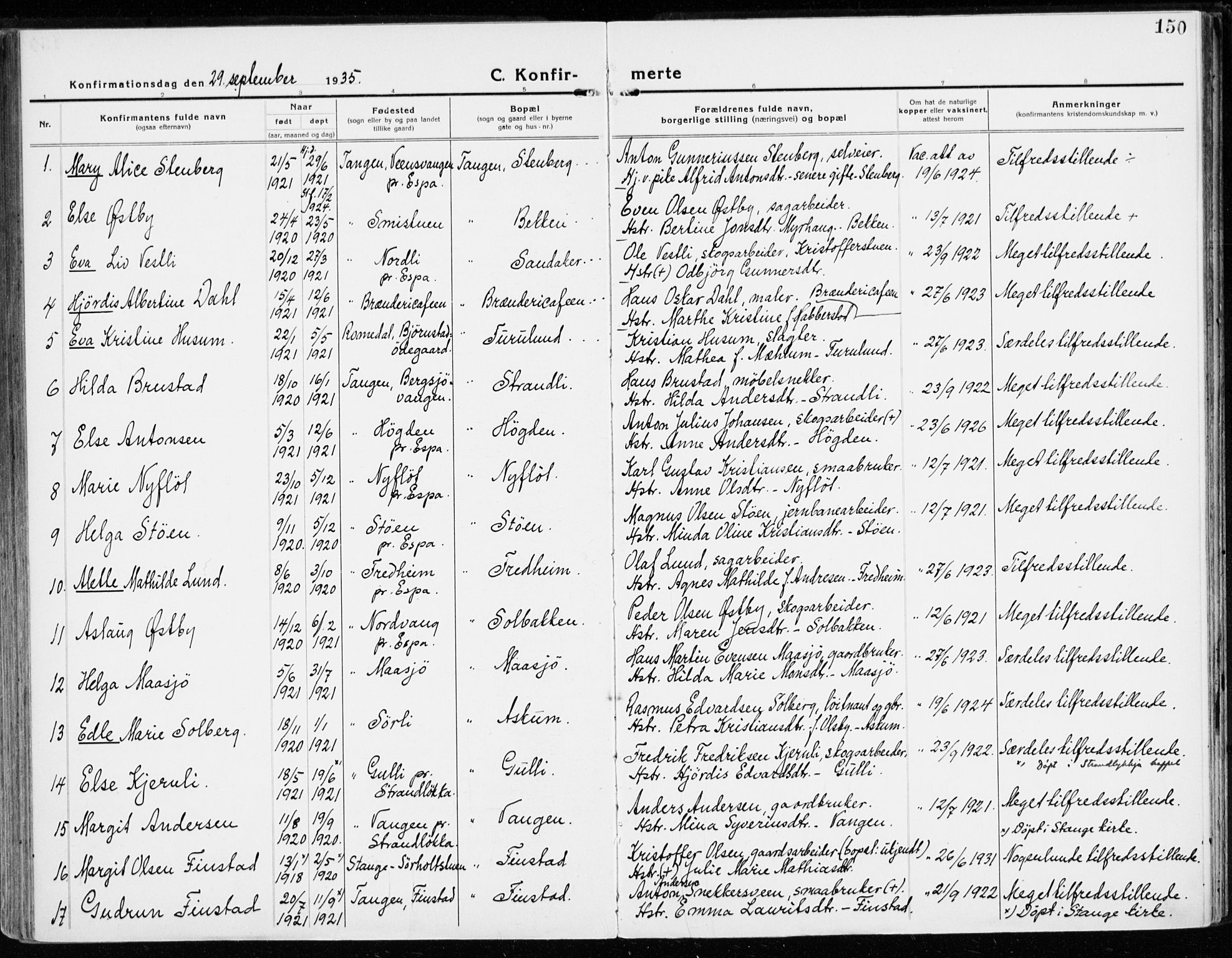 Stange prestekontor, AV/SAH-PREST-002/K/L0025: Parish register (official) no. 25, 1921-1945, p. 150