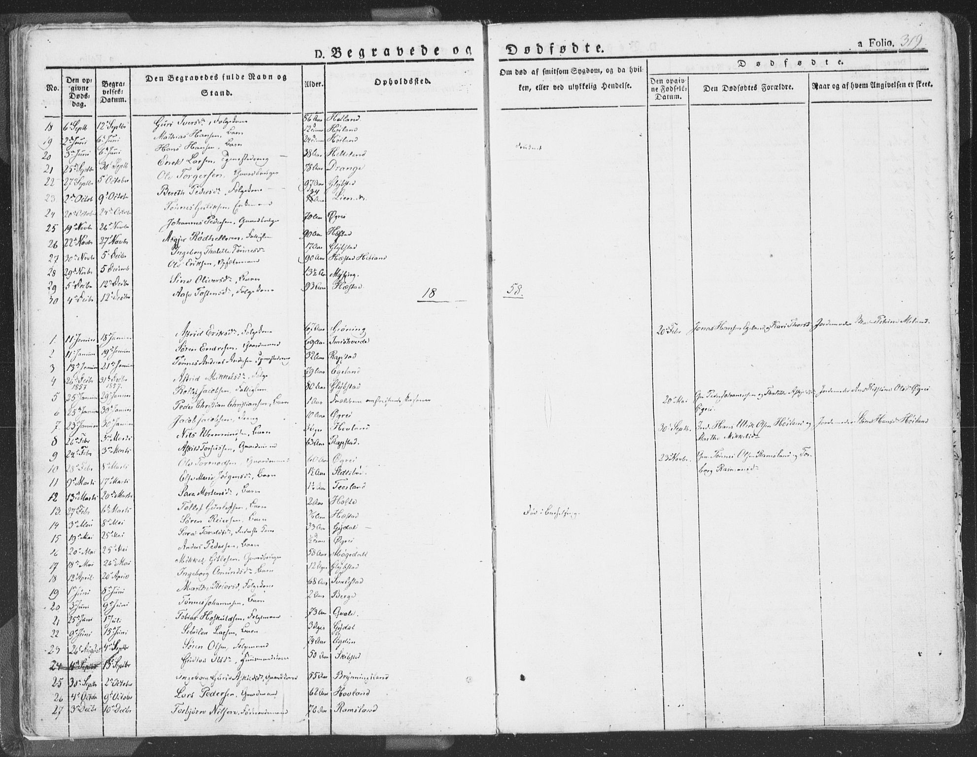 Helleland sokneprestkontor, AV/SAST-A-101810: Parish register (official) no. A 6.2, 1834-1863, p. 319