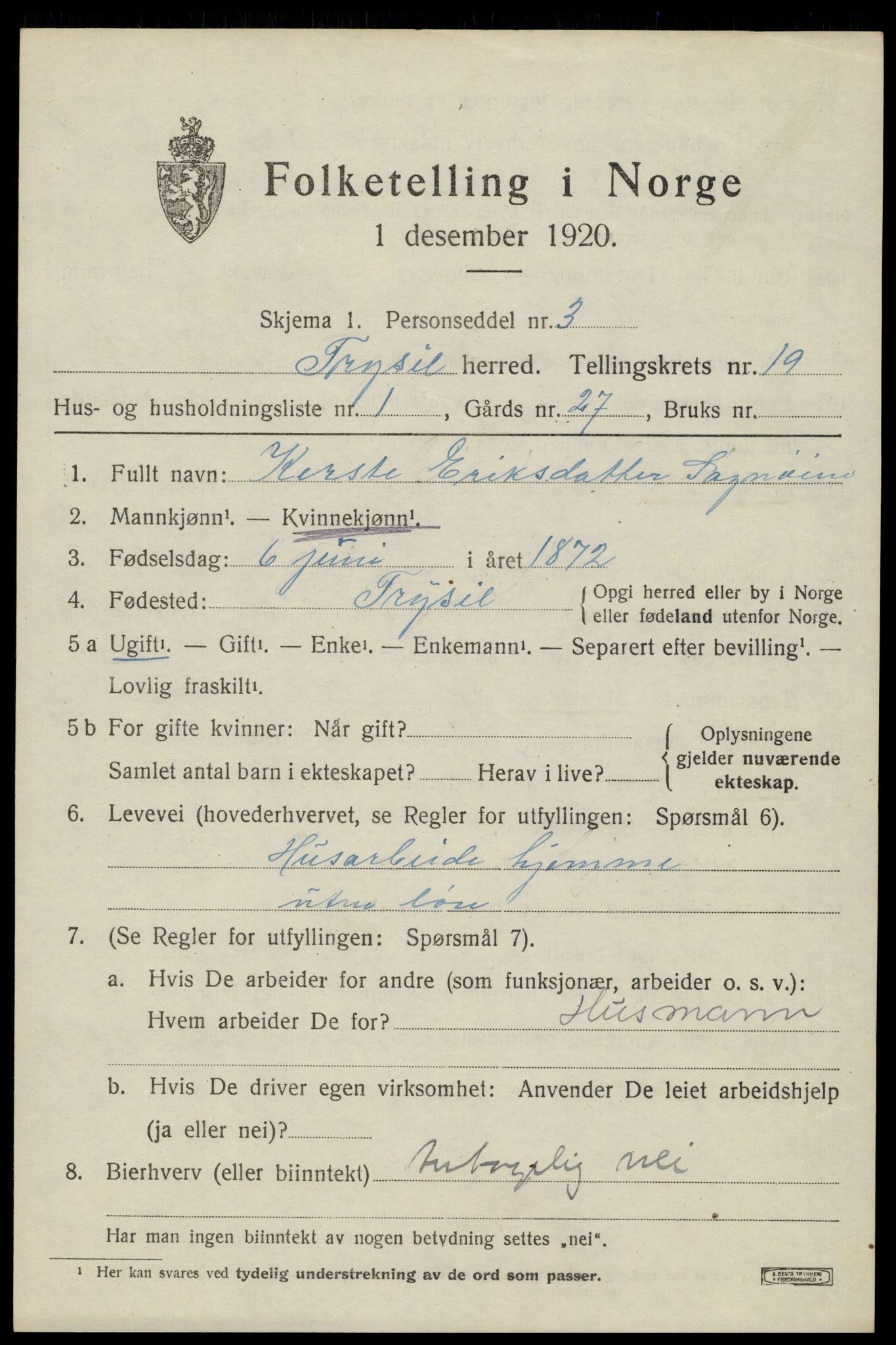 SAH, 1920 census for Trysil, 1920, p. 12729