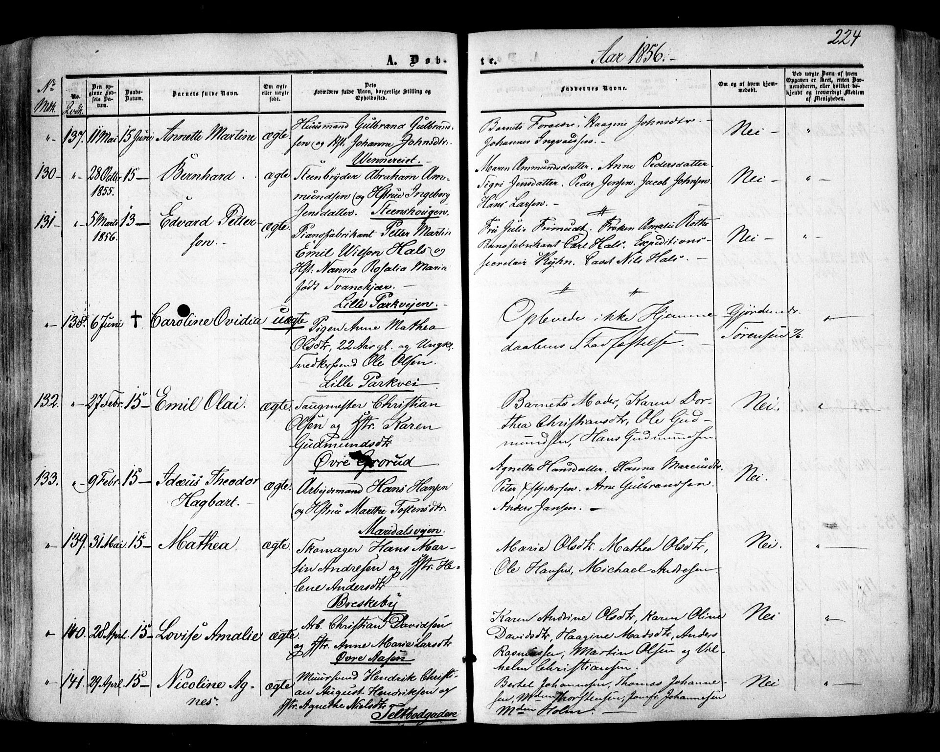 Aker prestekontor kirkebøker, SAO/A-10861/F/L0020: Parish register (official) no. 20, 1853-1857, p. 224