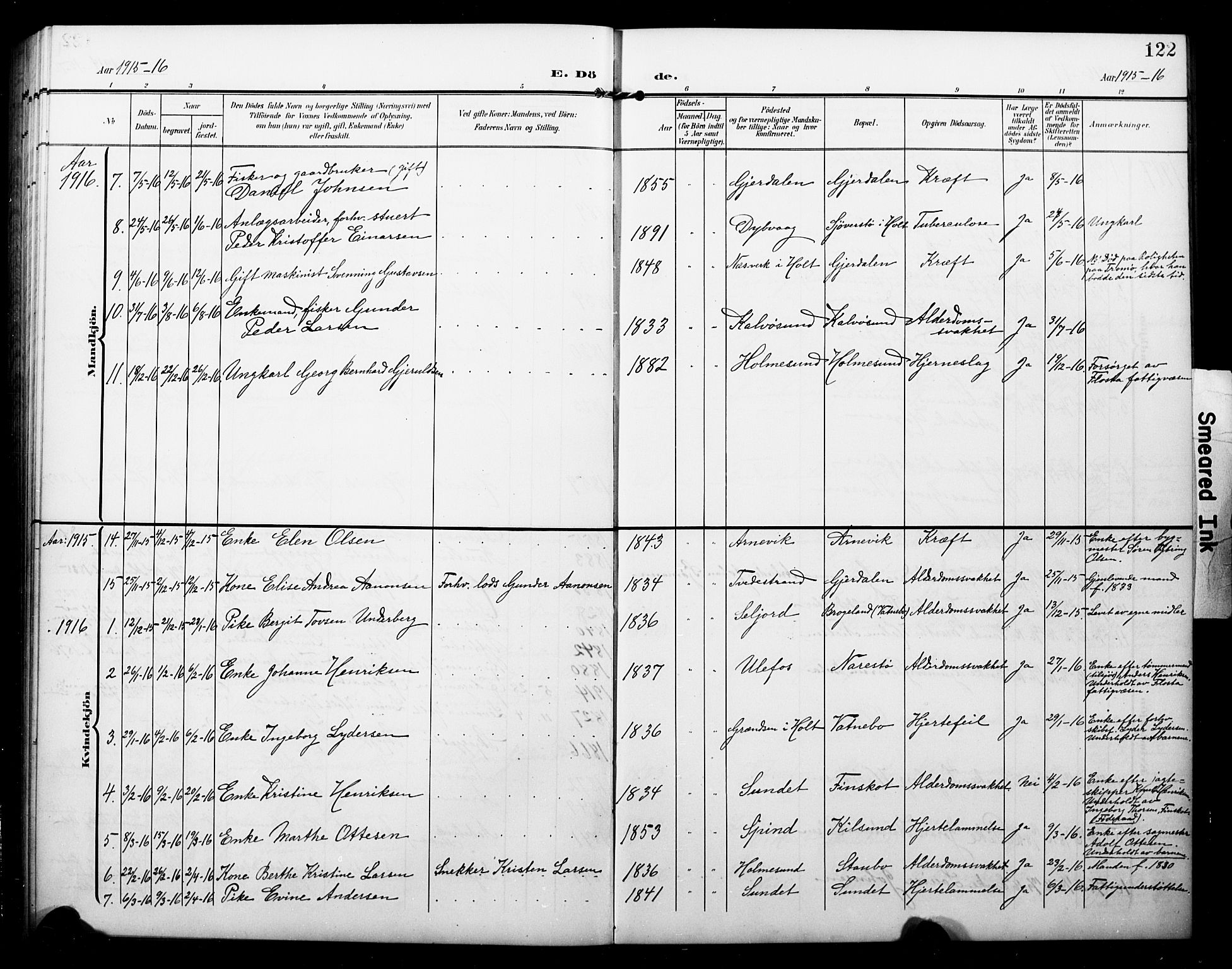 Dypvåg sokneprestkontor, AV/SAK-1111-0007/F/Fb/Fbb/L0005: Parish register (copy) no. B 5, 1905-1924, p. 122