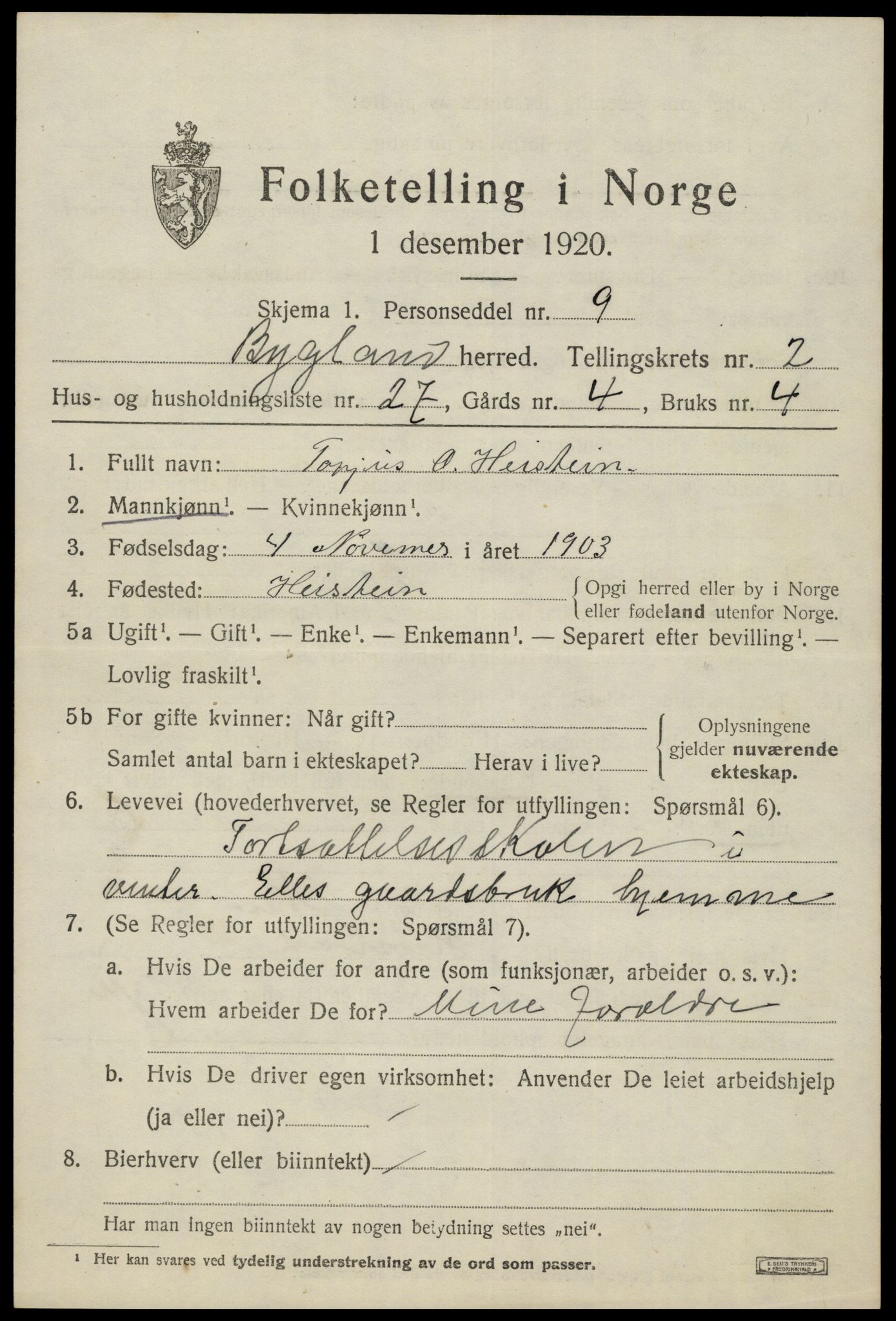 SAK, 1920 census for Bygland, 1920, p. 1449