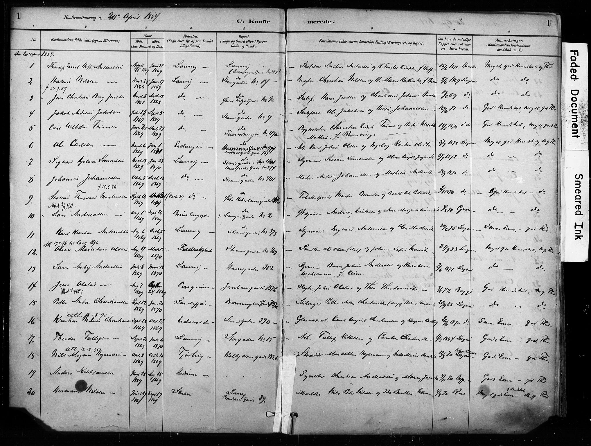 Larvik kirkebøker, SAKO/A-352/F/Fa/L0008: Parish register (official) no. I 8, 1884-1902, p. 1