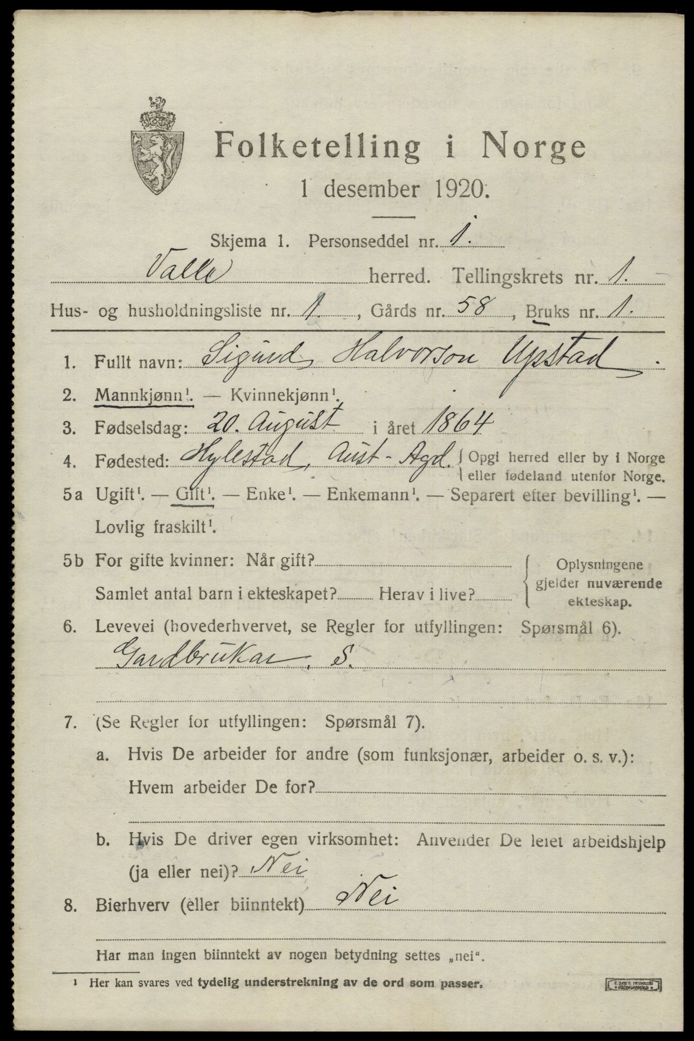 SAK, 1920 census for Valle, 1920, p. 437