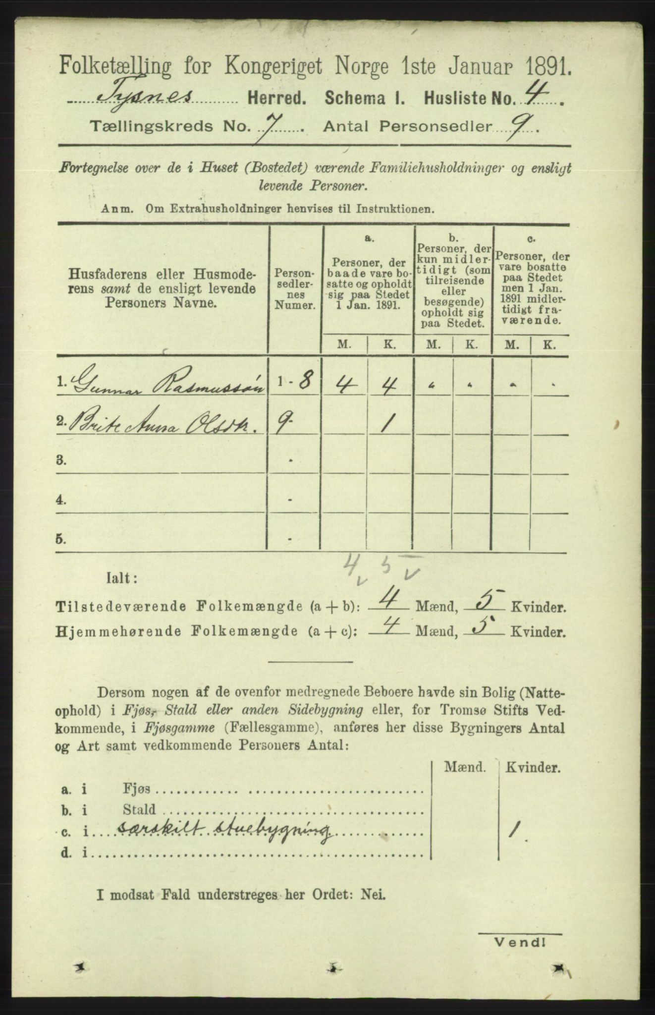 RA, 1891 census for 1223 Tysnes, 1891, p. 2764