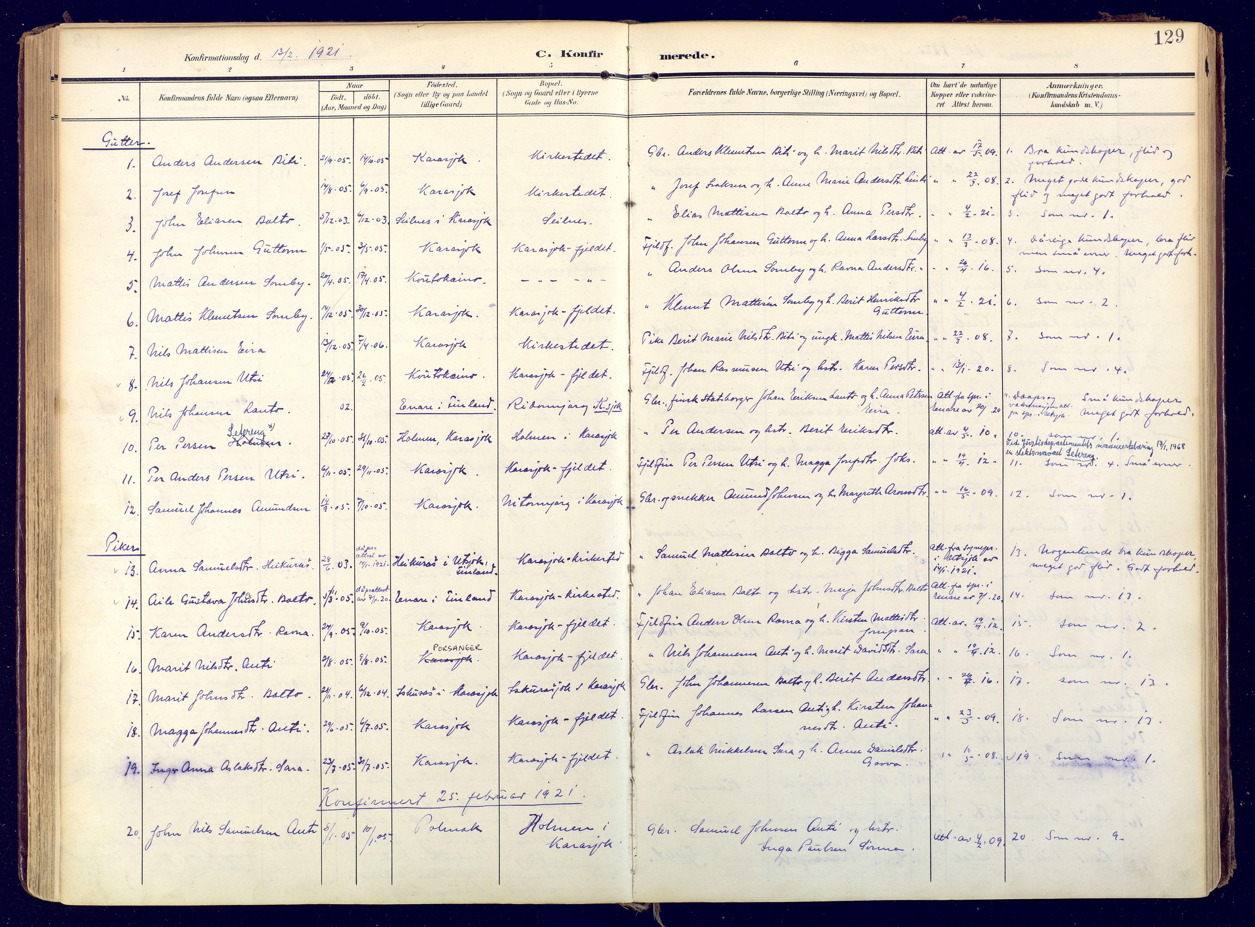 Karasjok sokneprestkontor, SATØ/S-1352/H/Ha: Parish register (official) no. 3, 1907-1926, p. 129