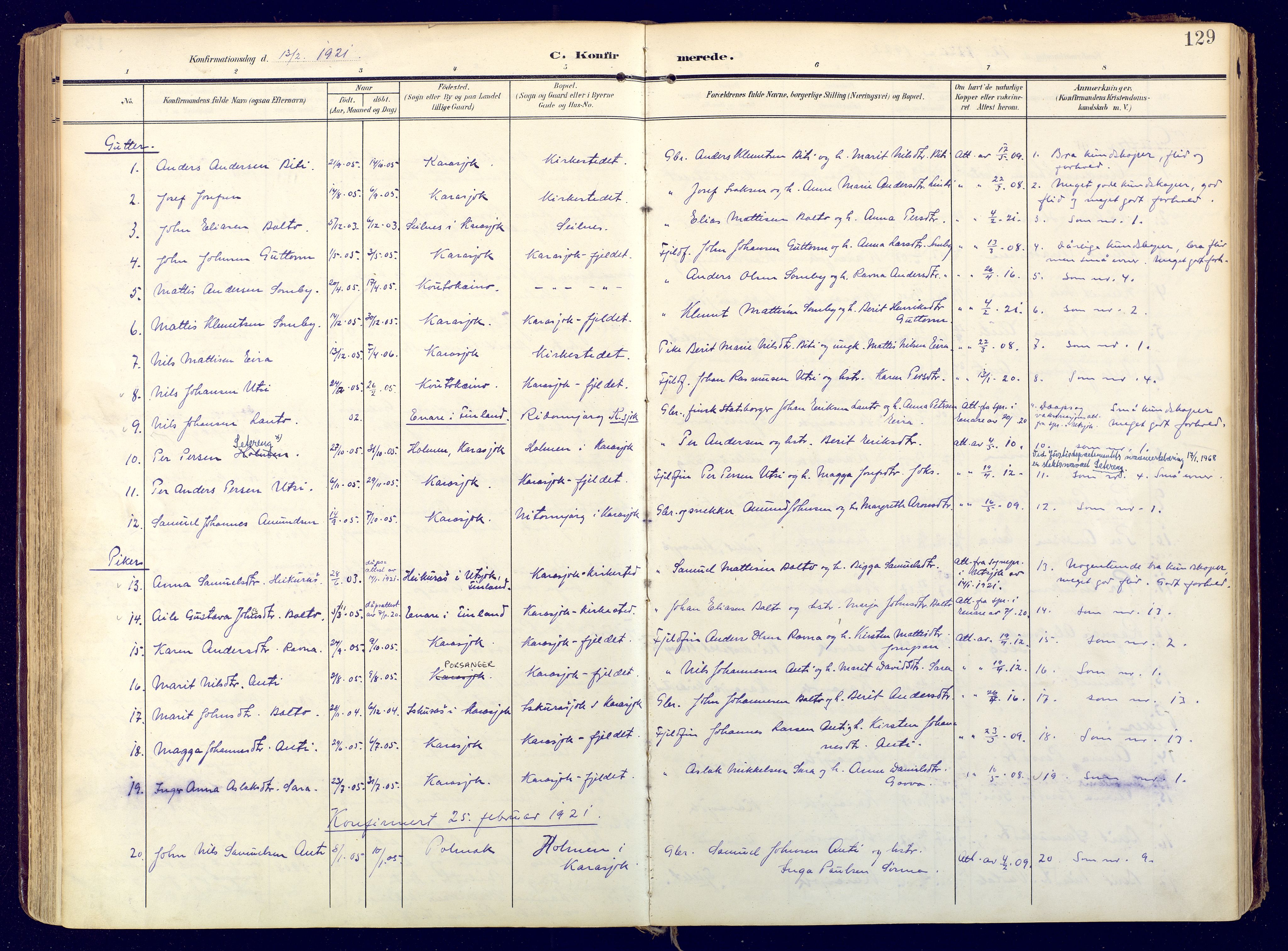 Karasjok sokneprestkontor, AV/SATØ-S-1352/H/Ha: Parish register (official) no. 3, 1907-1926, p. 129