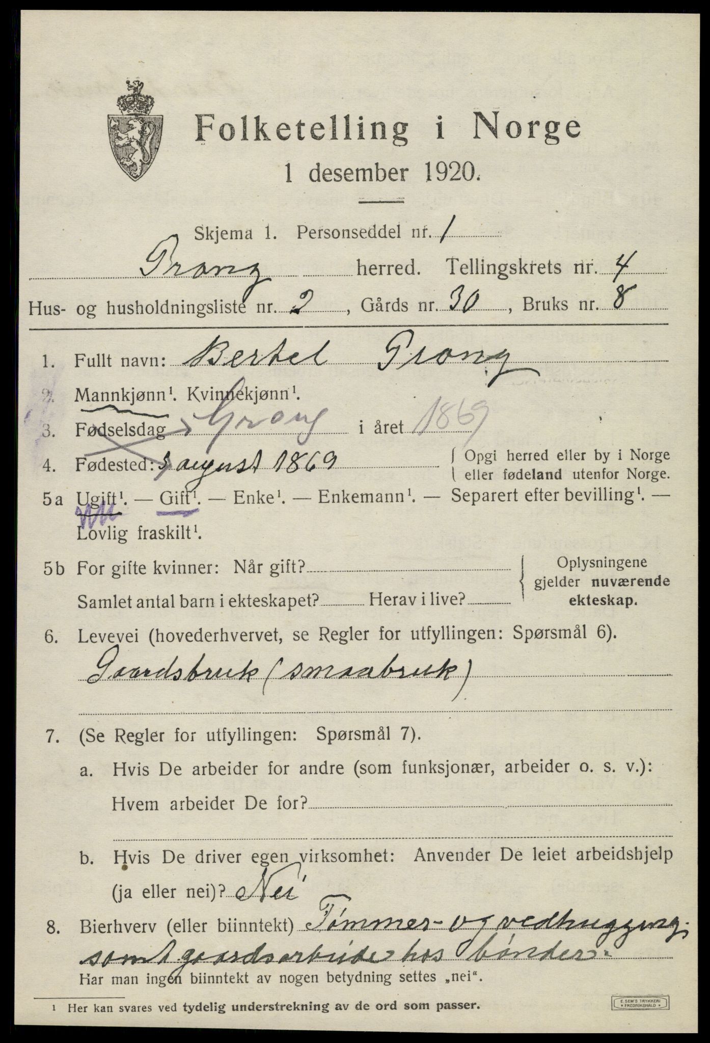 SAT, 1920 census for Grong, 1920, p. 2593