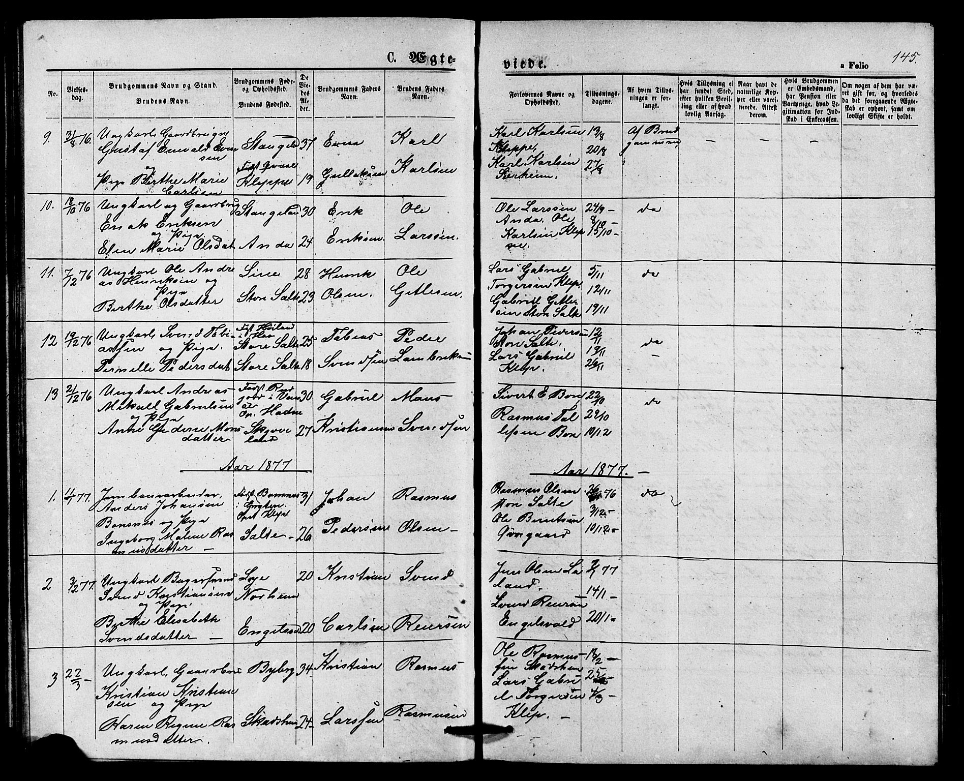 Klepp sokneprestkontor, SAST/A-101803/001/3/30BB/L0003: Parish register (copy) no. B 3, 1876-1888, p. 145
