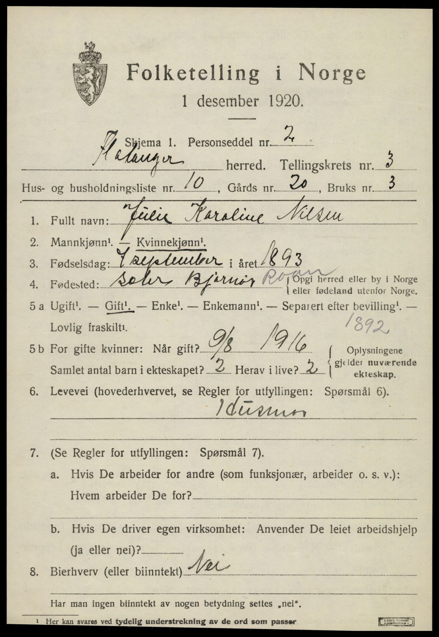 SAT, 1920 census for Flatanger, 1920, p. 1612