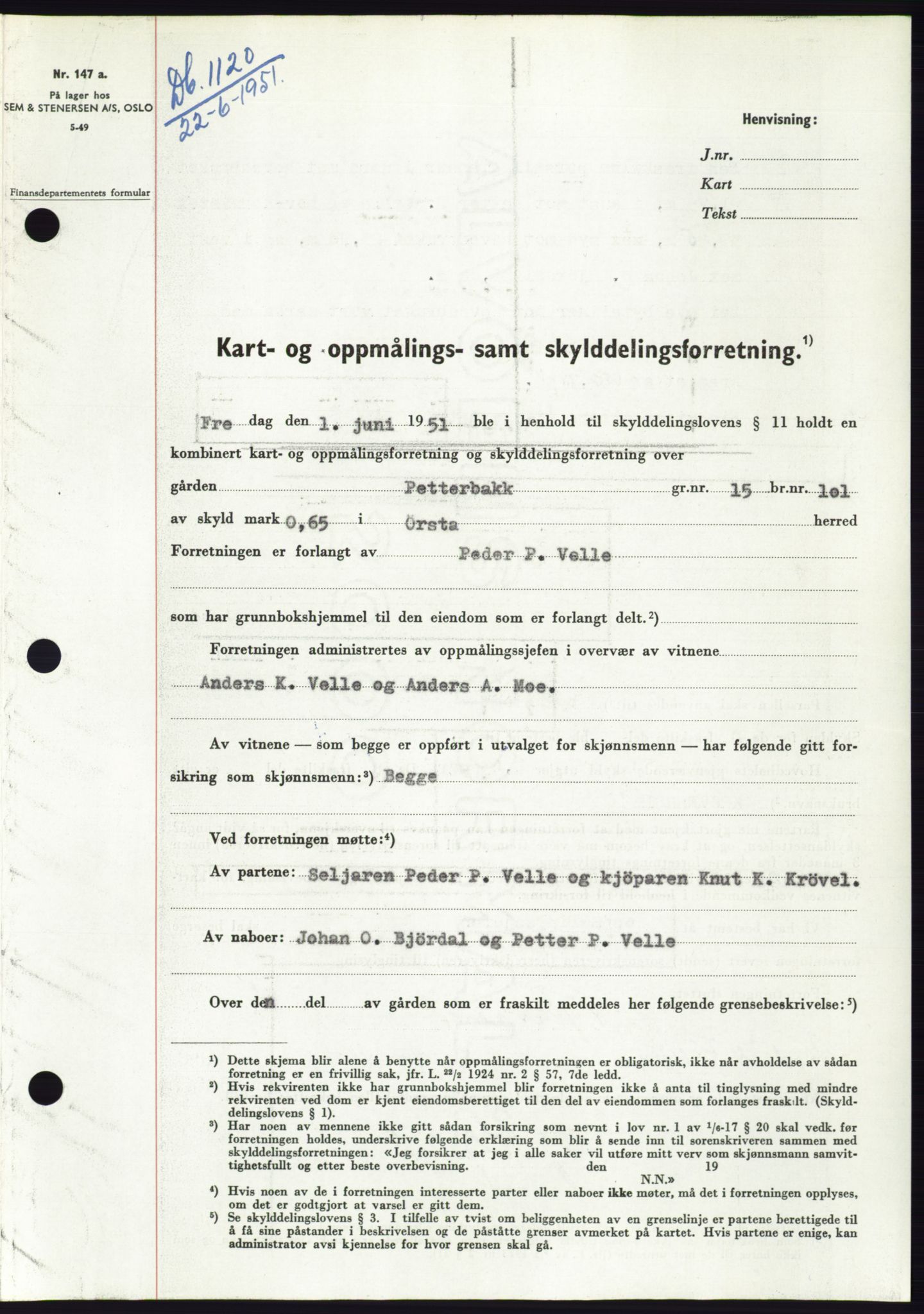 Søre Sunnmøre sorenskriveri, AV/SAT-A-4122/1/2/2C/L0089: Mortgage book no. 15A, 1951-1951, Diary no: : 1120/1951