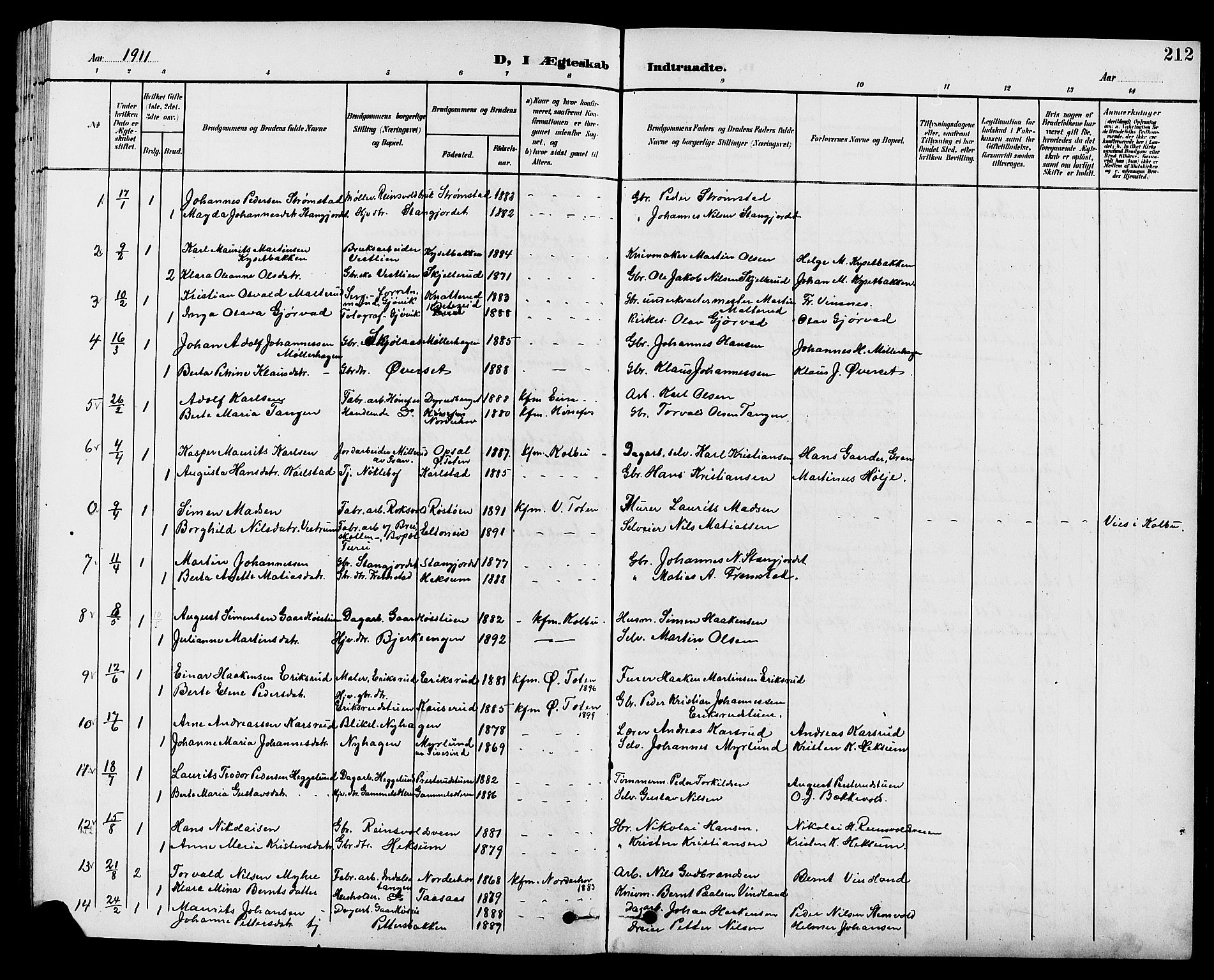 Vestre Toten prestekontor, SAH/PREST-108/H/Ha/Hab/L0010: Parish register (copy) no. 10, 1900-1912, p. 212