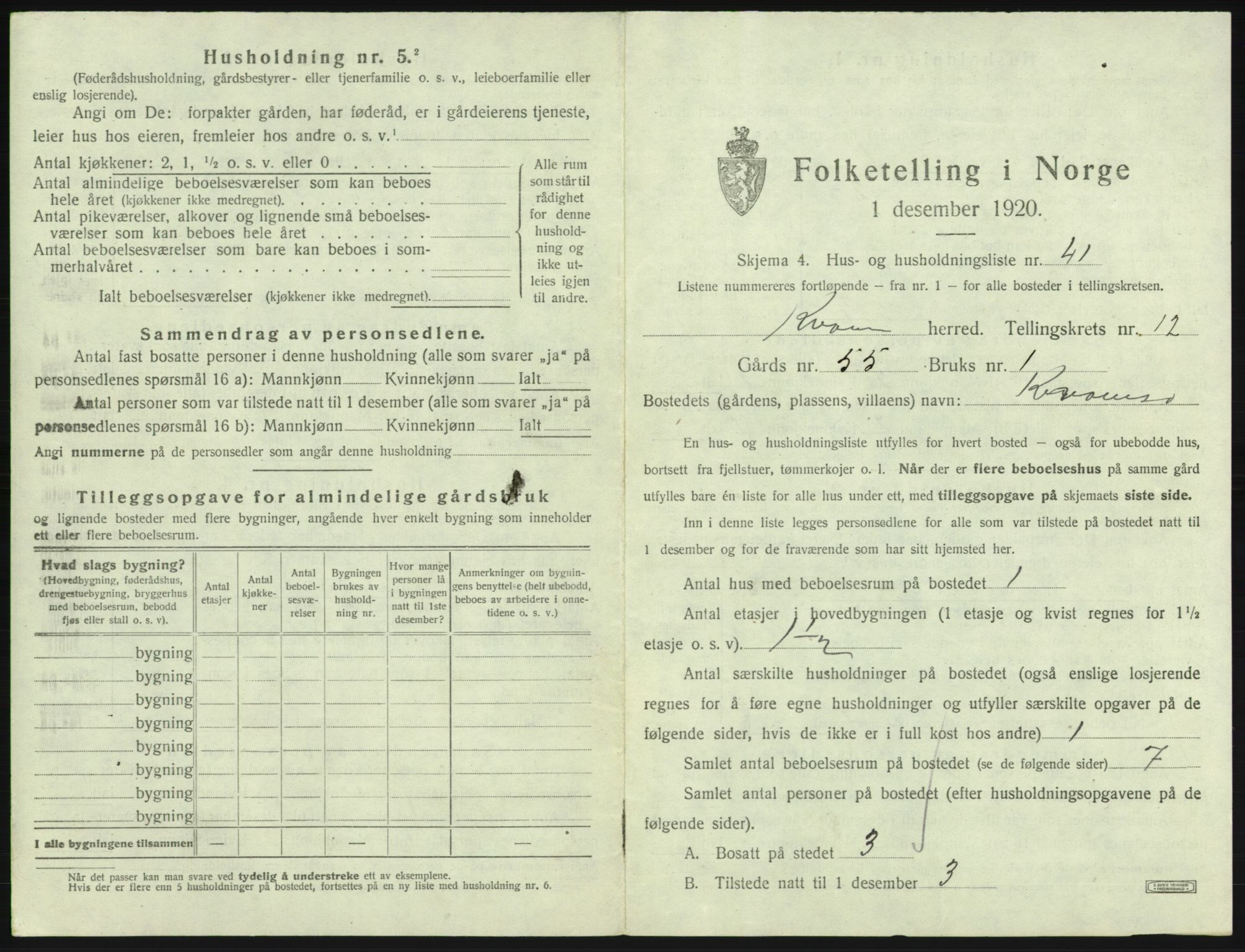 SAB, 1920 census for Kvam, 1920, p. 1115