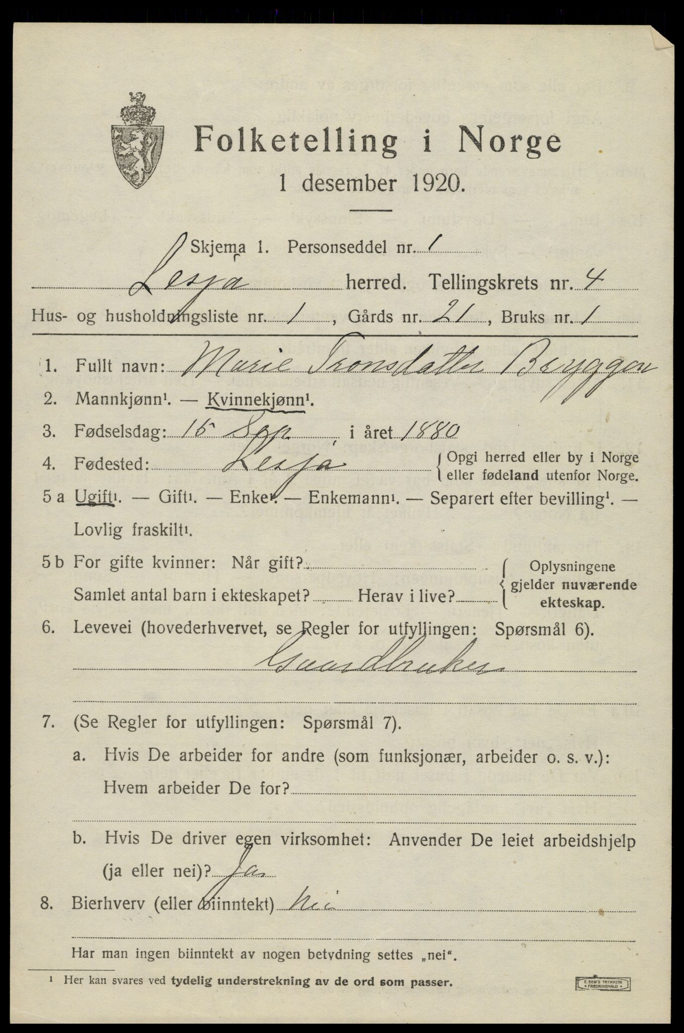 SAH, 1920 census for Lesja, 1920, p. 2522