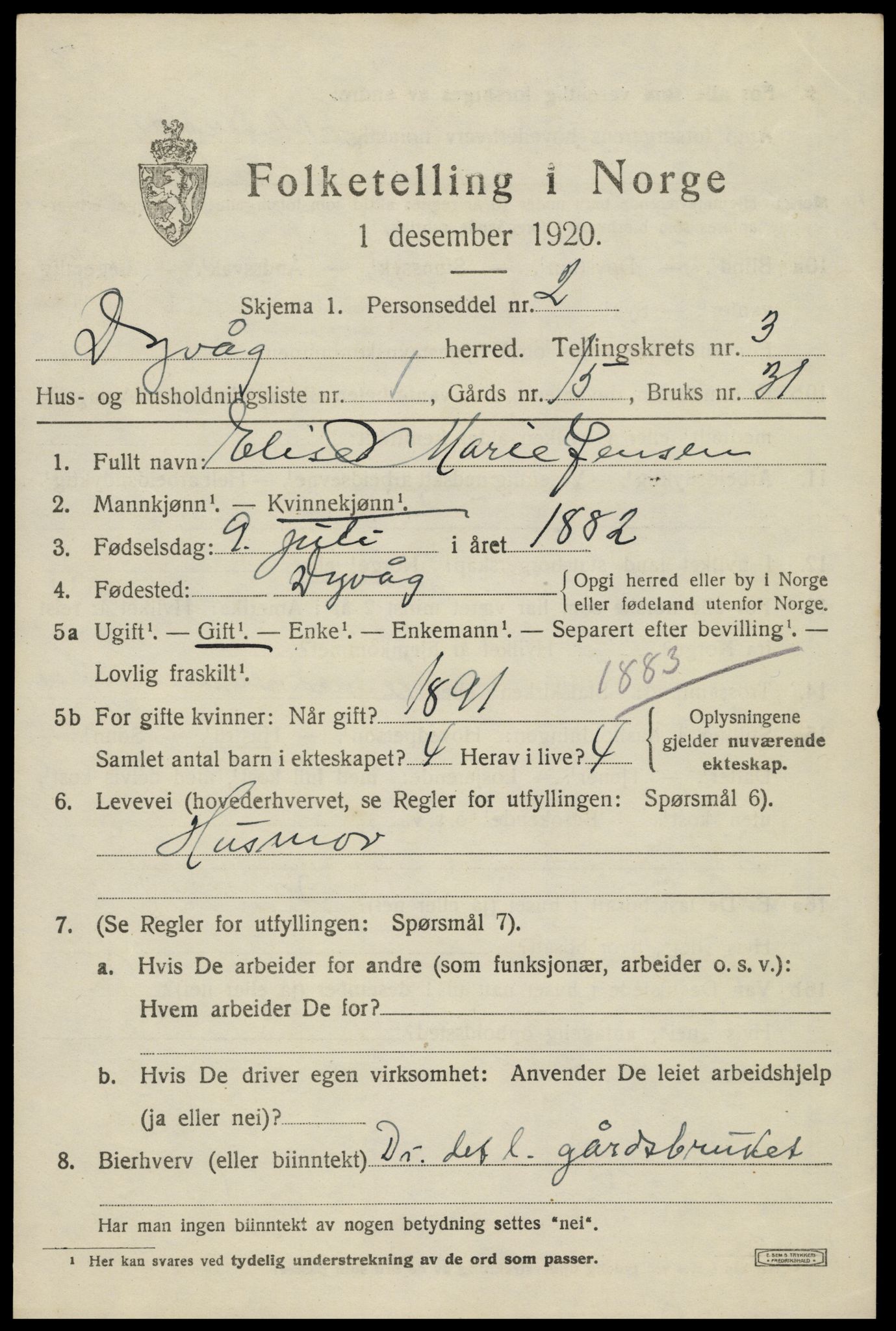 SAK, 1920 census for Dypvåg, 1920, p. 2295