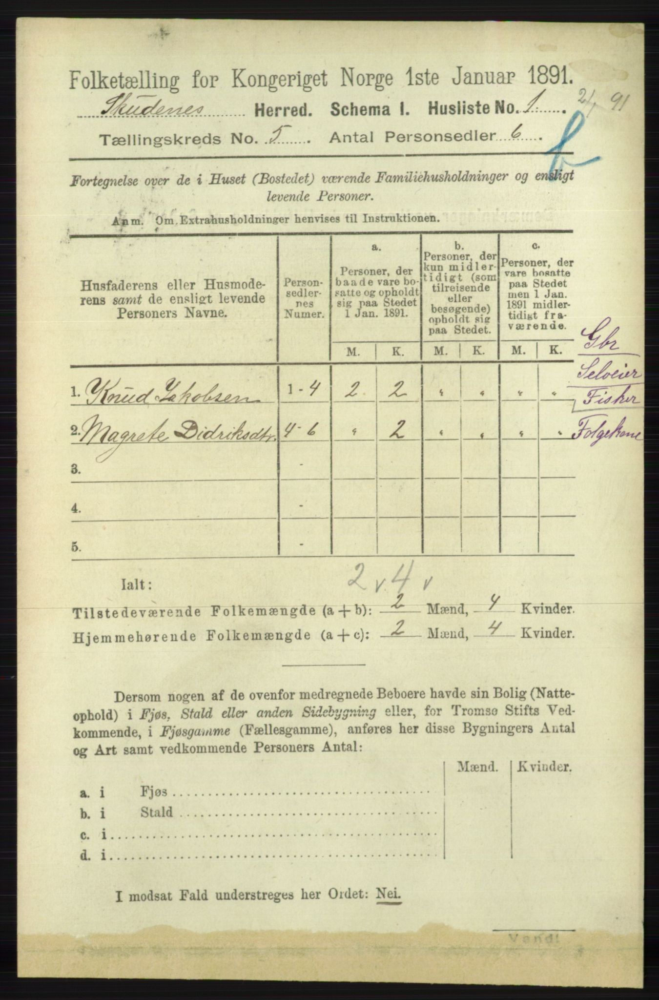 RA, 1891 census for 1150 Skudenes, 1891, p. 5166