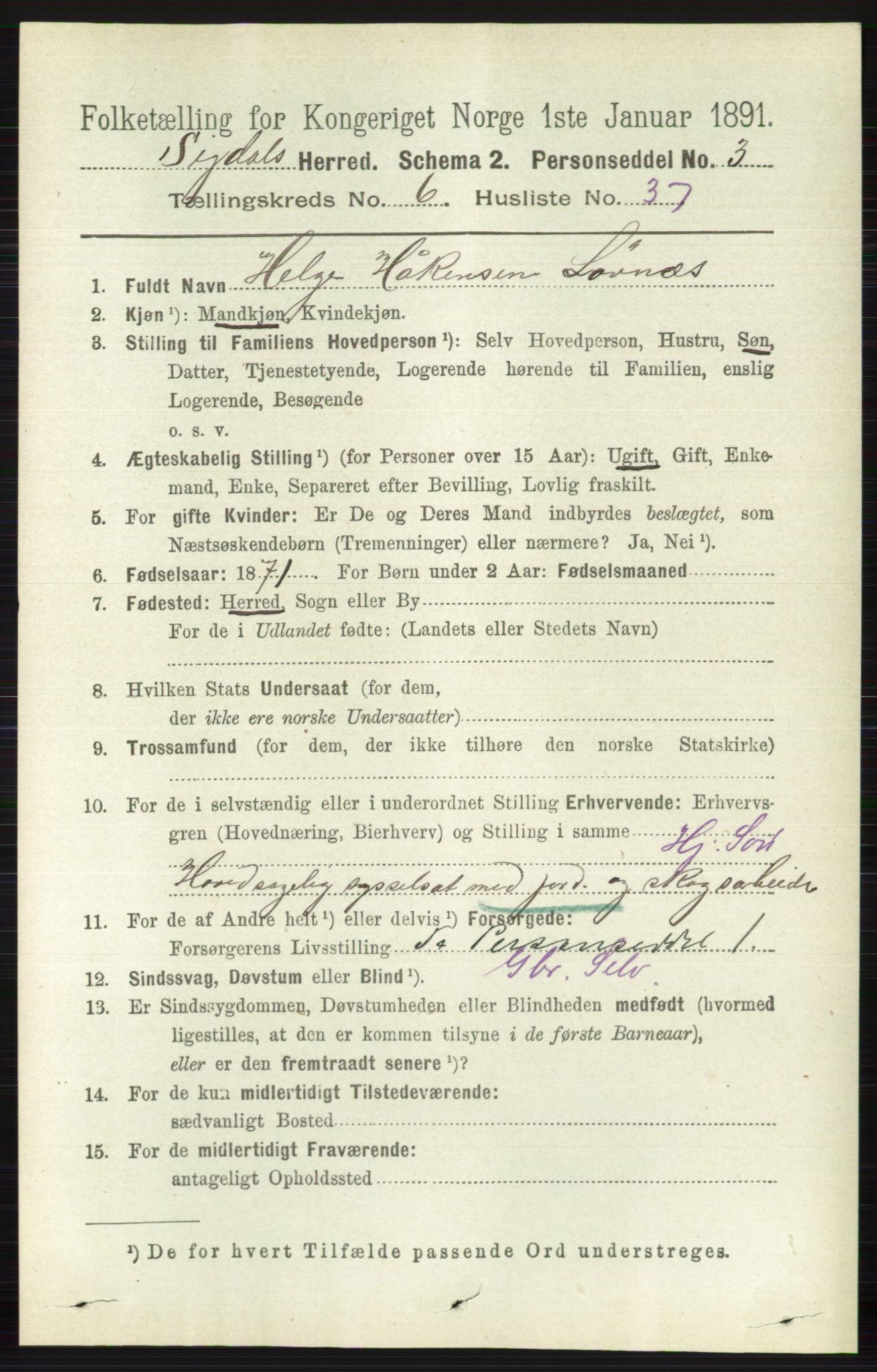 RA, 1891 census for 0621 Sigdal, 1891, p. 2625