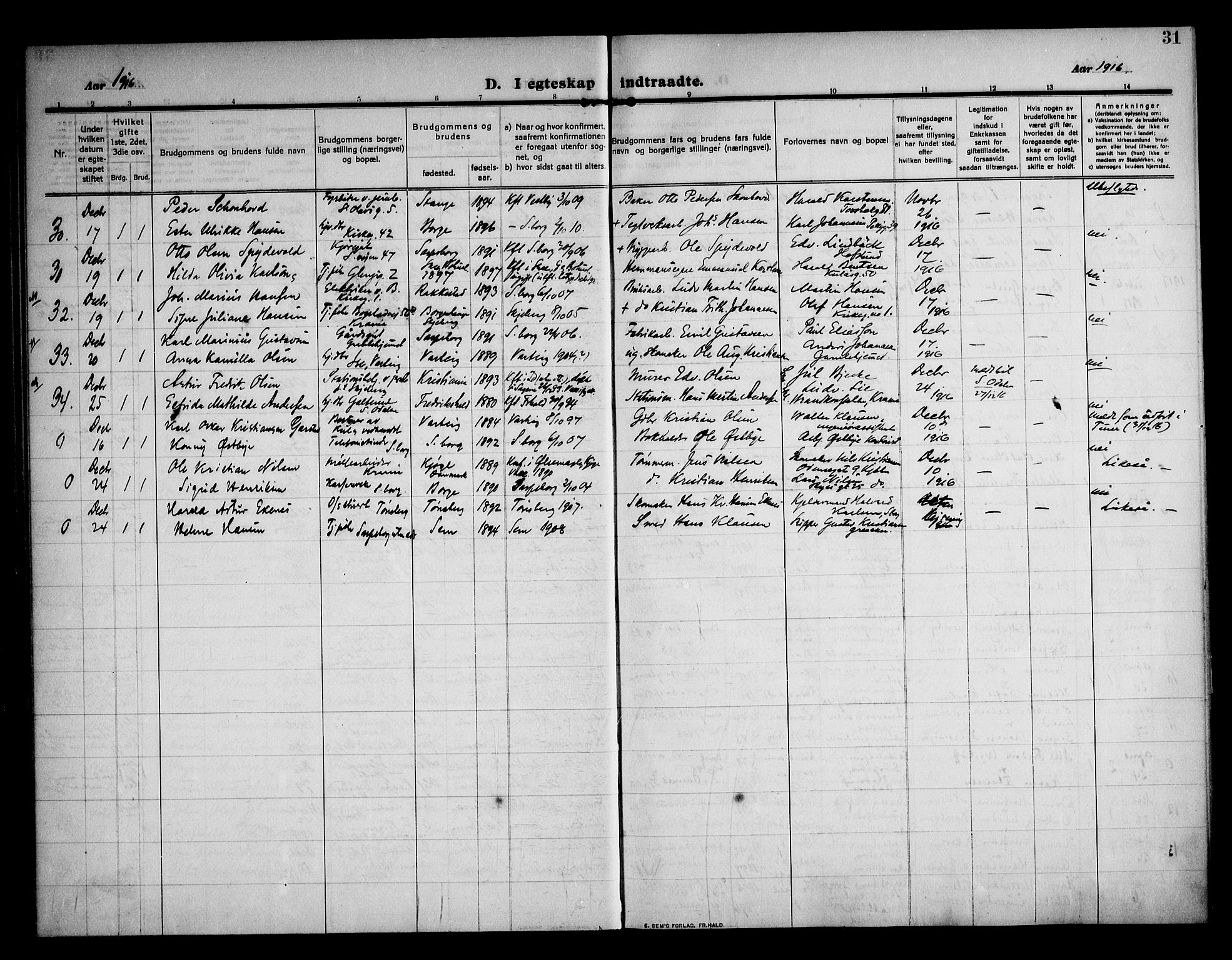 Sarpsborg prestekontor Kirkebøker, SAO/A-2006/F/Fa/L0007: Parish register (official) no. 7, 1910-1918, p. 31