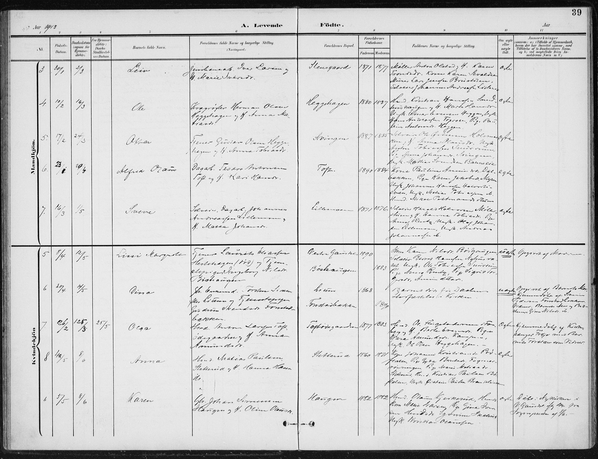 Østre Gausdal prestekontor, SAH/PREST-092/H/Ha/Haa/L0005: Parish register (official) no. 5, 1902-1920, p. 39