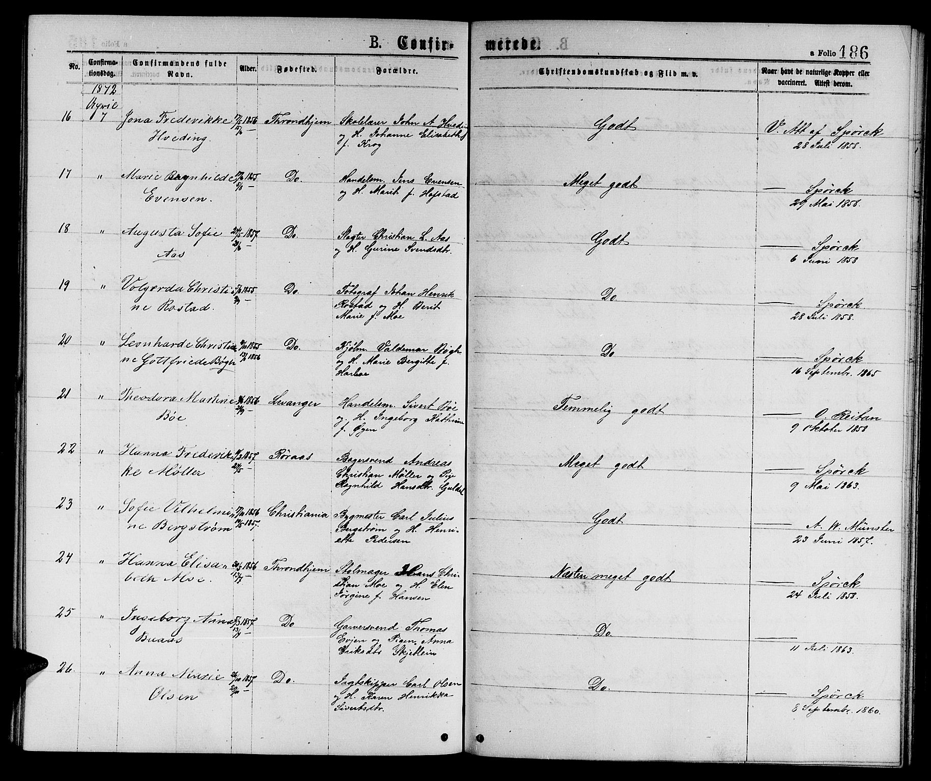 Ministerialprotokoller, klokkerbøker og fødselsregistre - Sør-Trøndelag, AV/SAT-A-1456/601/L0088: Parish register (copy) no. 601C06, 1870-1878, p. 186