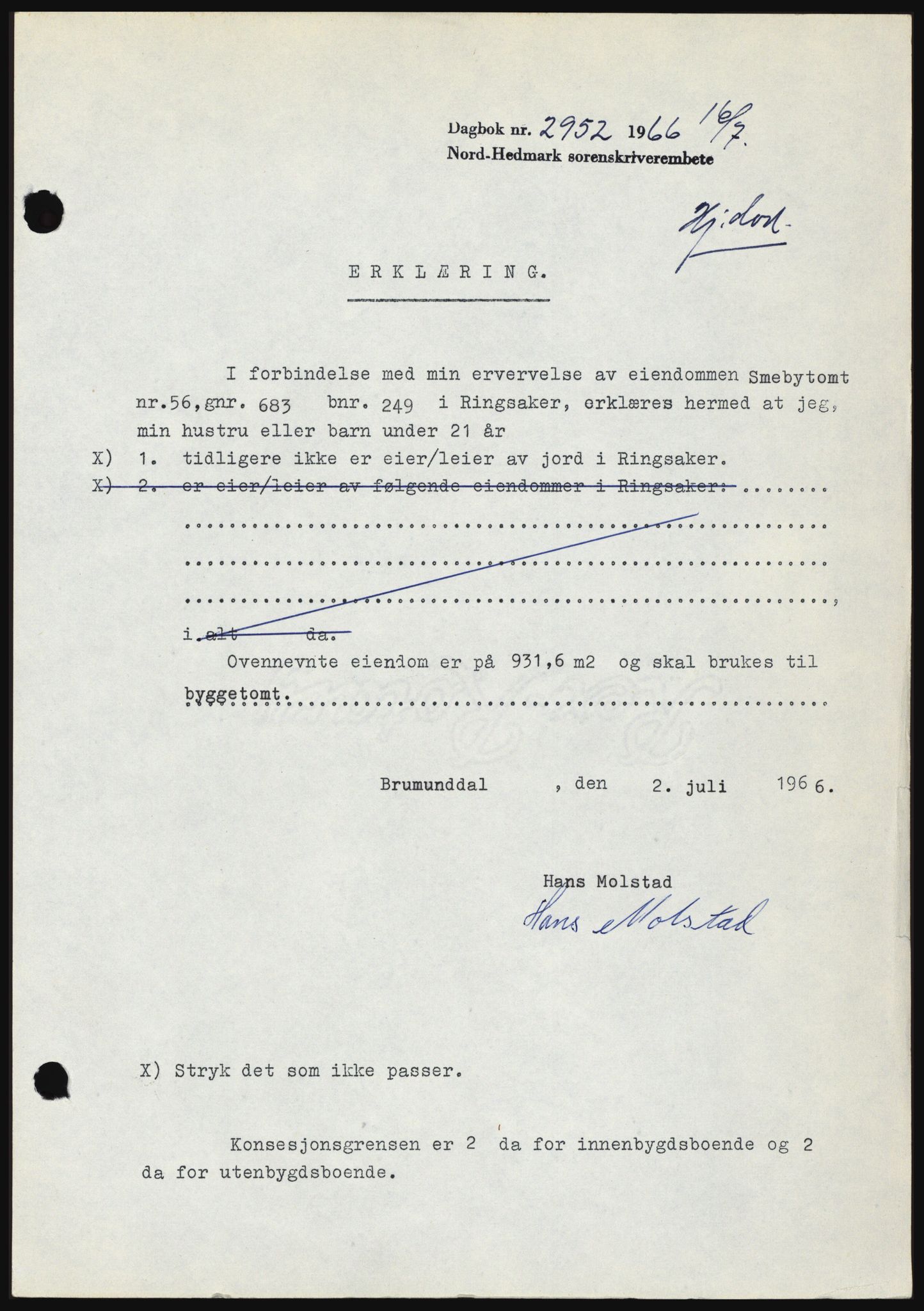 Nord-Hedmark sorenskriveri, SAH/TING-012/H/Hc/L0024: Mortgage book no. 24, 1966-1966, Diary no: : 2952/1966