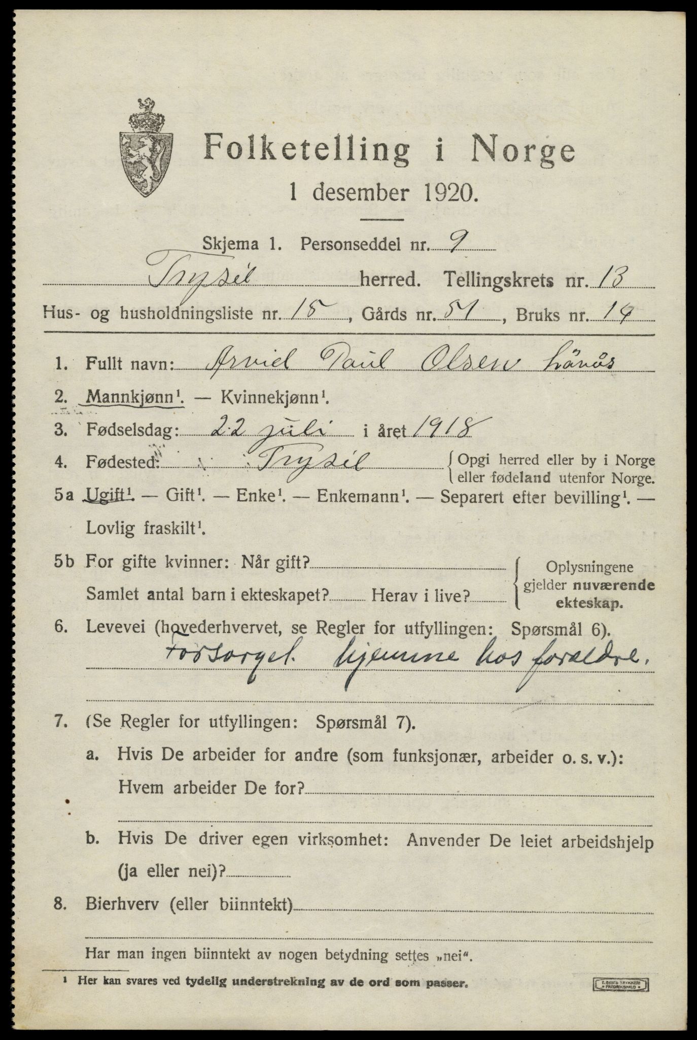 SAH, 1920 census for Trysil, 1920, p. 7839