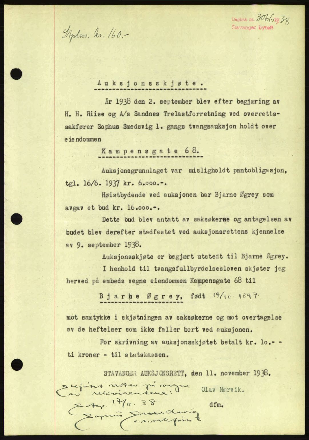 Stavanger byrett, SAST/A-100455/002/G/Gb/L0014: Mortgage book no. A4, 1938-1939, Diary no: : 3066/1938