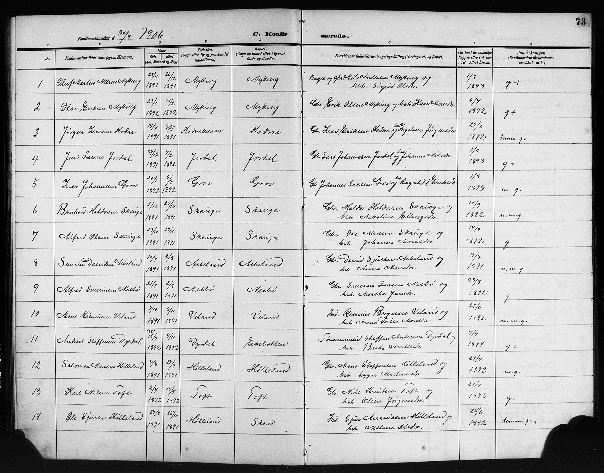 Lindås Sokneprestembete, SAB/A-76701/H/Hab: Parish register (copy) no. E 4, 1906-1921, p. 73