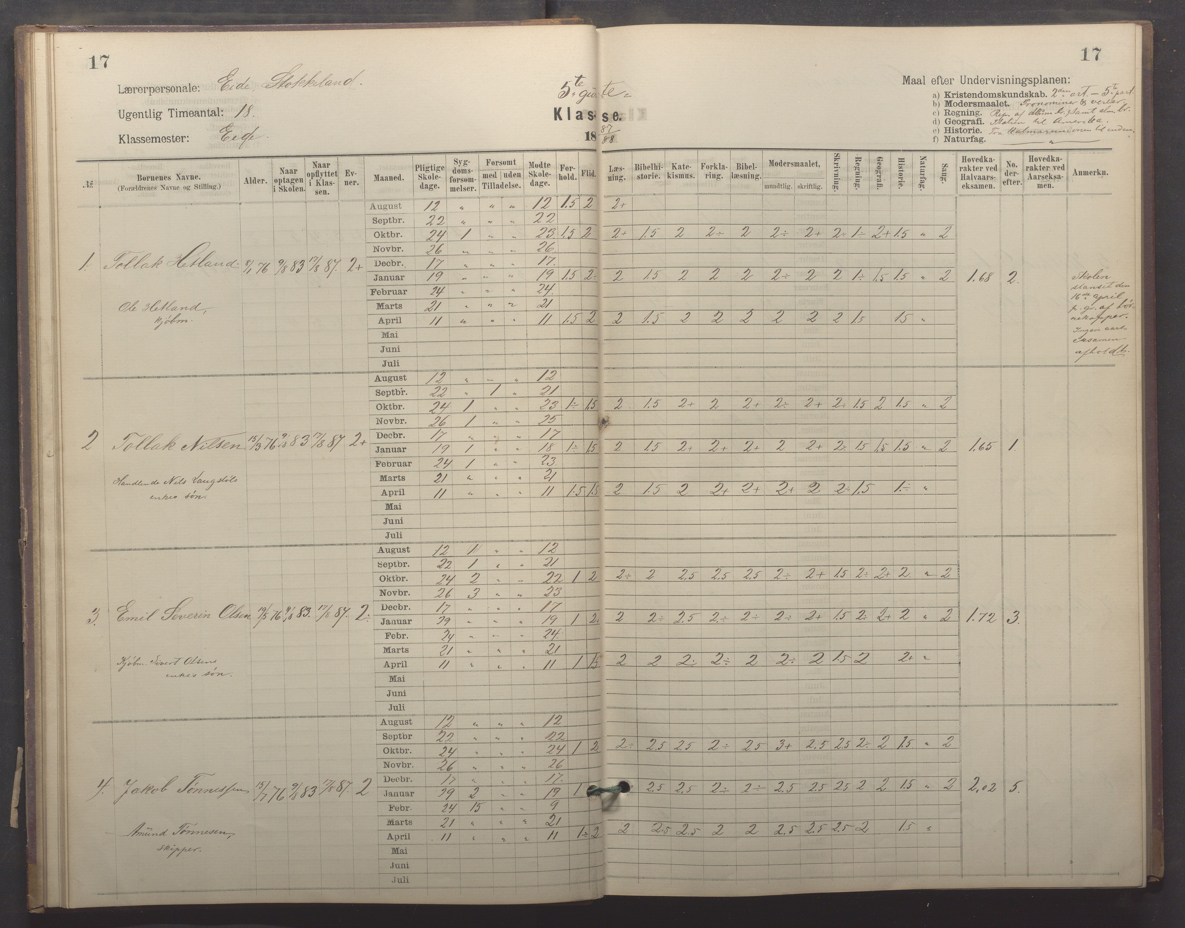 Egersund kommune (Ladested) - Egersund almueskole/folkeskole, IKAR/K-100521/H/L0022: Skoleprotokoll - Almueskolen, 5. klasse, 1886-1892, p. 17