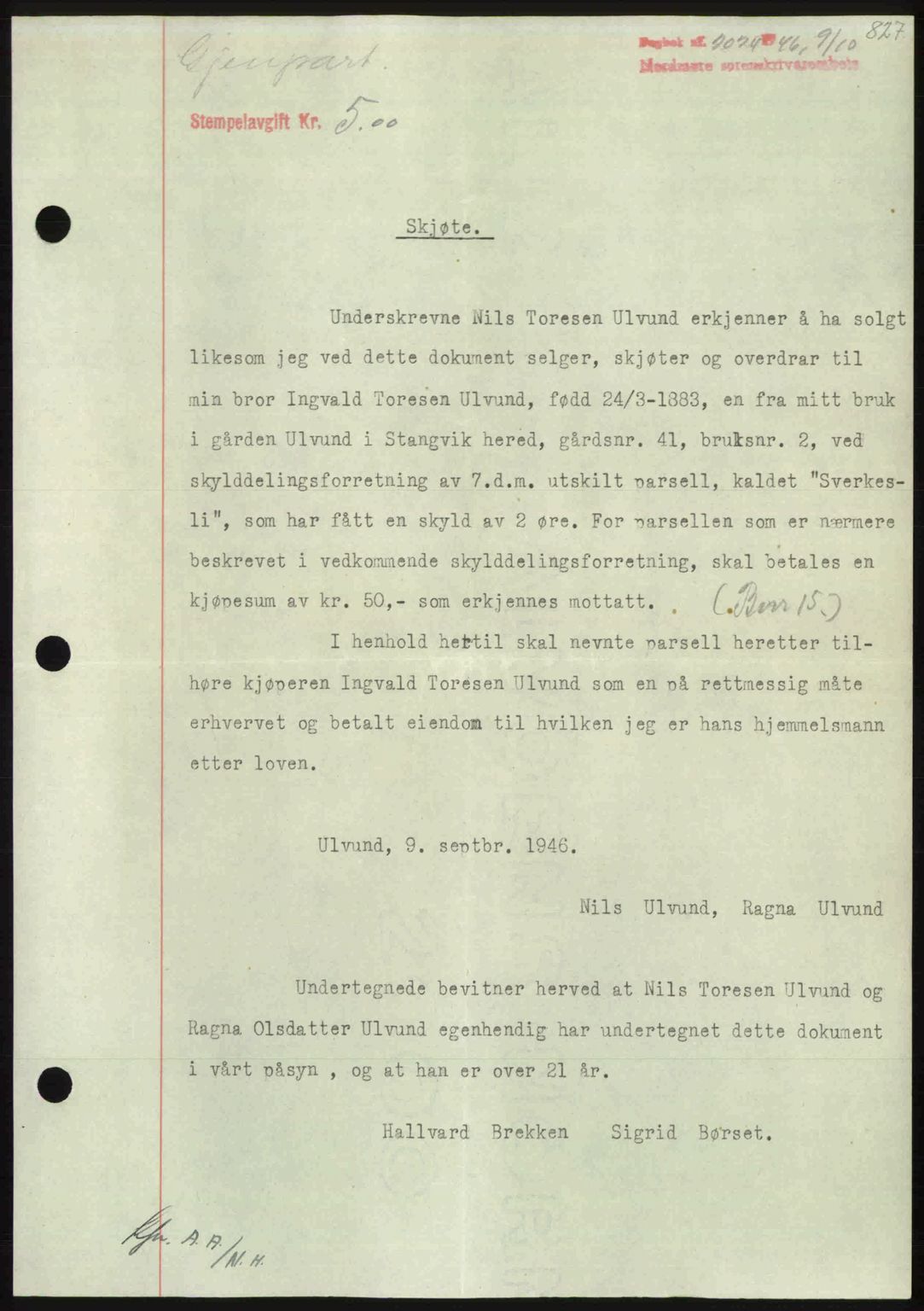 Nordmøre sorenskriveri, AV/SAT-A-4132/1/2/2Ca: Mortgage book no. A102, 1946-1946, Diary no: : 2024/1946