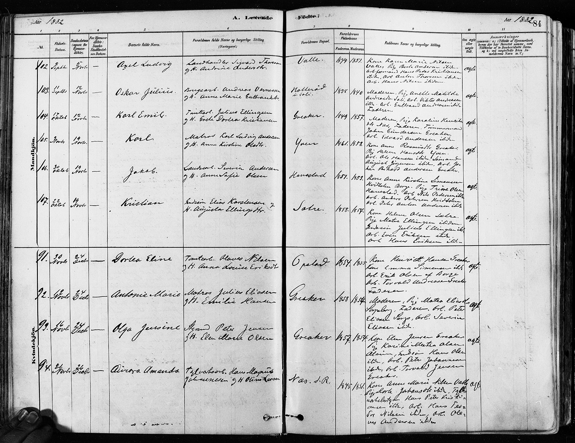 Tune prestekontor Kirkebøker, SAO/A-2007/F/Fa/L0017: Parish register (official) no. 17, 1878-1887, p. 84