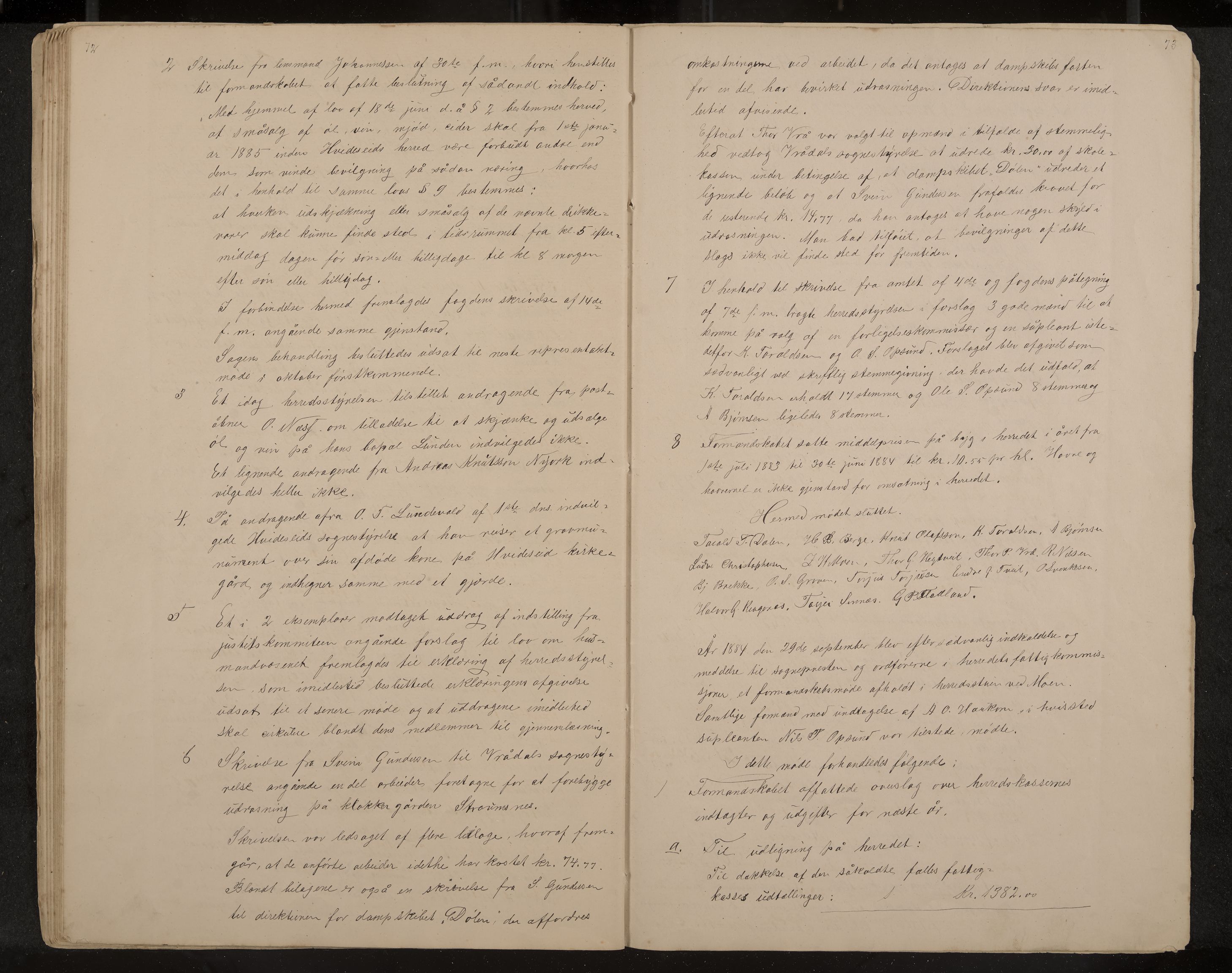 Kviteseid formannskap og sentraladministrasjon, IKAK/0829021/A/Aa/L0041: Utskrift av møtebok, 1882-1884, p. 72-73