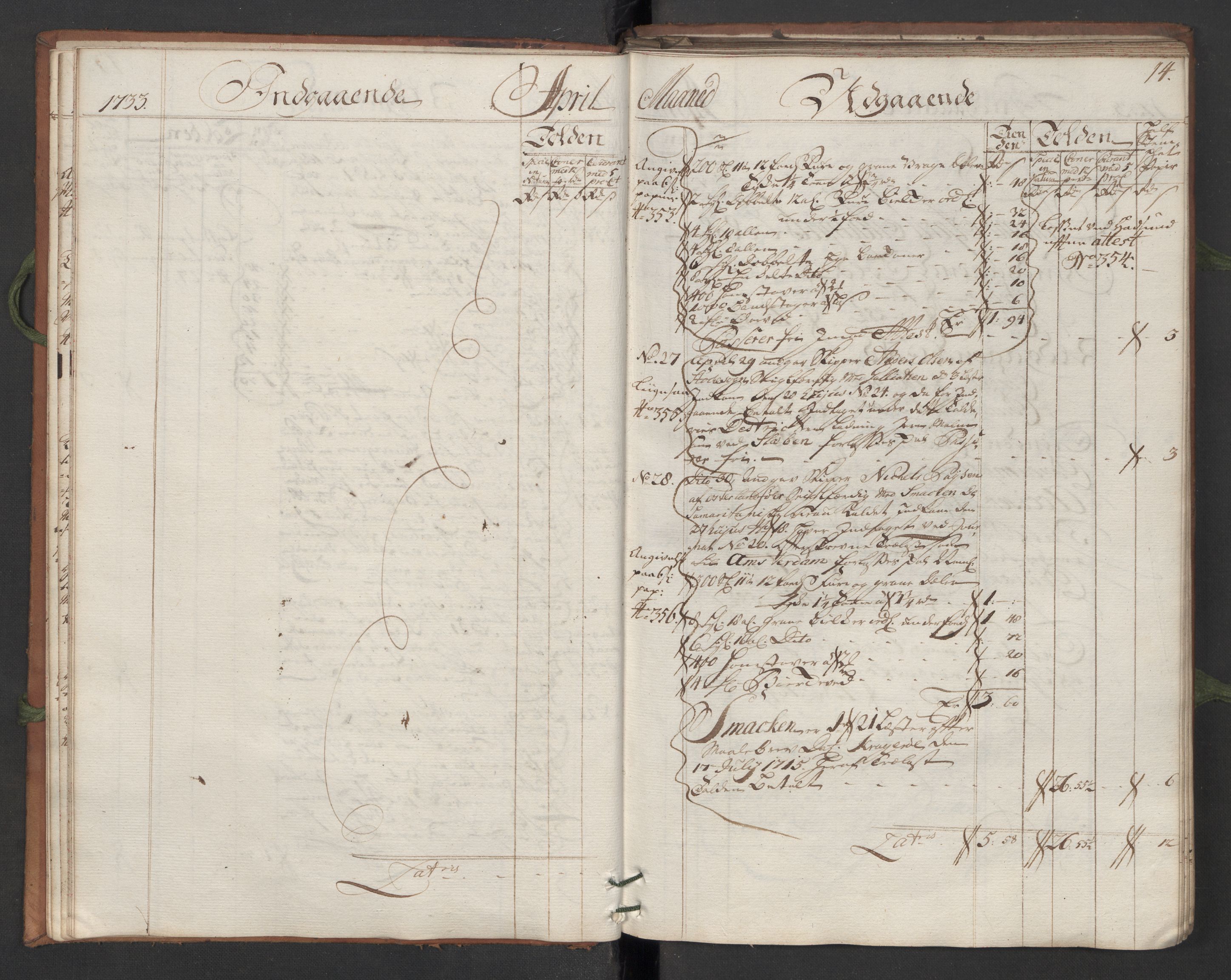 Generaltollkammeret, tollregnskaper, AV/RA-EA-5490/R13/L0007/0001: Tollregnskaper Kragerø / Hovedtollbok, 1733, p. 13b-14a