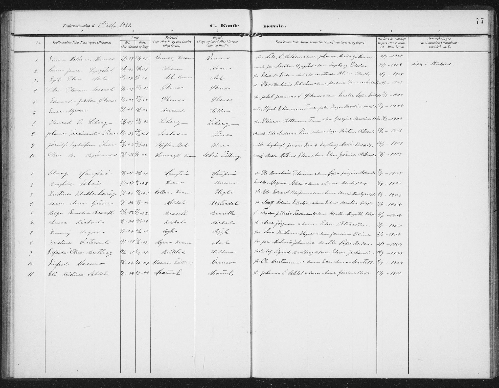 Ministerialprotokoller, klokkerbøker og fødselsregistre - Nord-Trøndelag, SAT/A-1458/747/L0460: Parish register (copy) no. 747C02, 1908-1939, p. 77