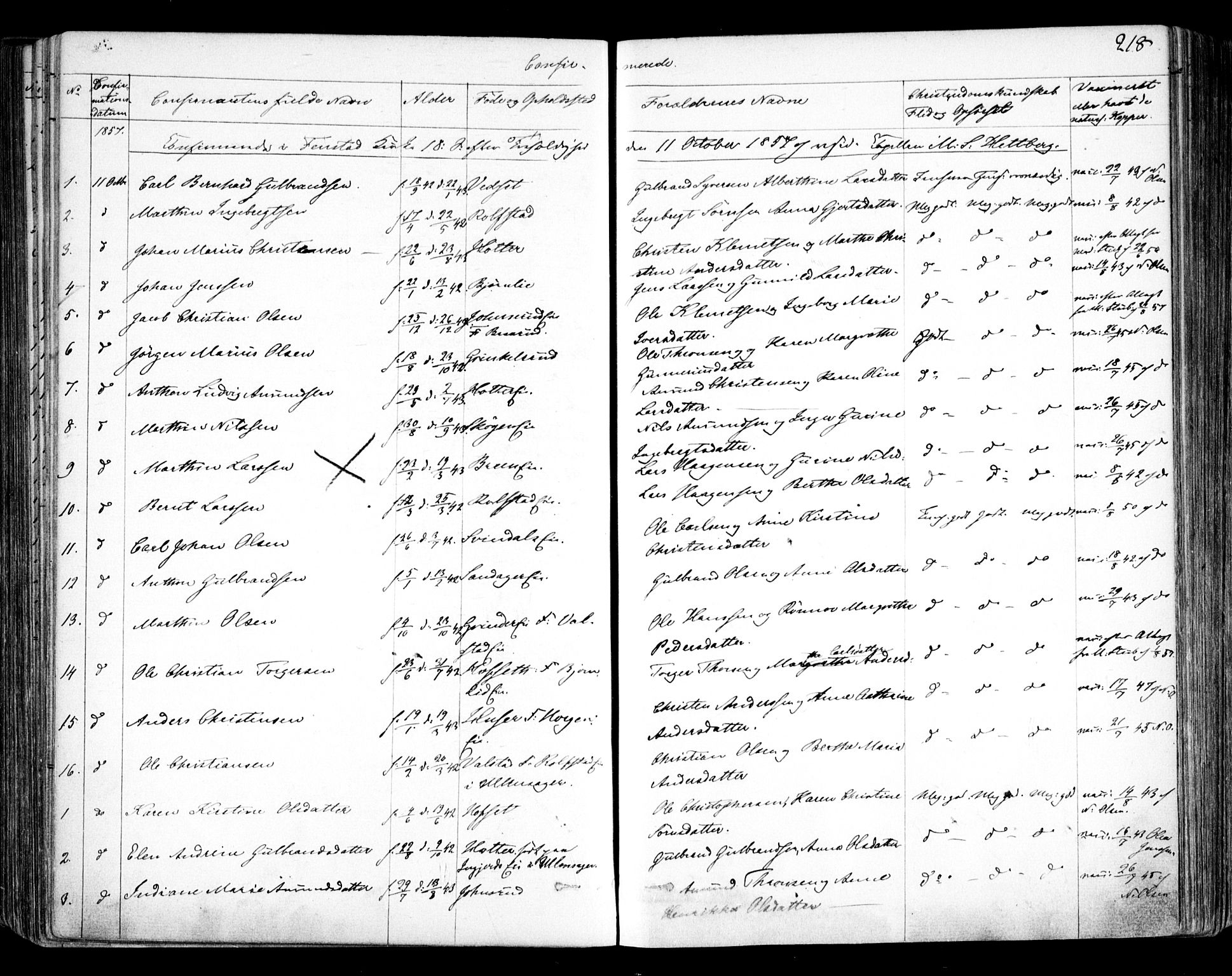 Nes prestekontor Kirkebøker, AV/SAO-A-10410/F/Fa/L0007: Parish register (official) no. I 7, 1846-1858, p. 218