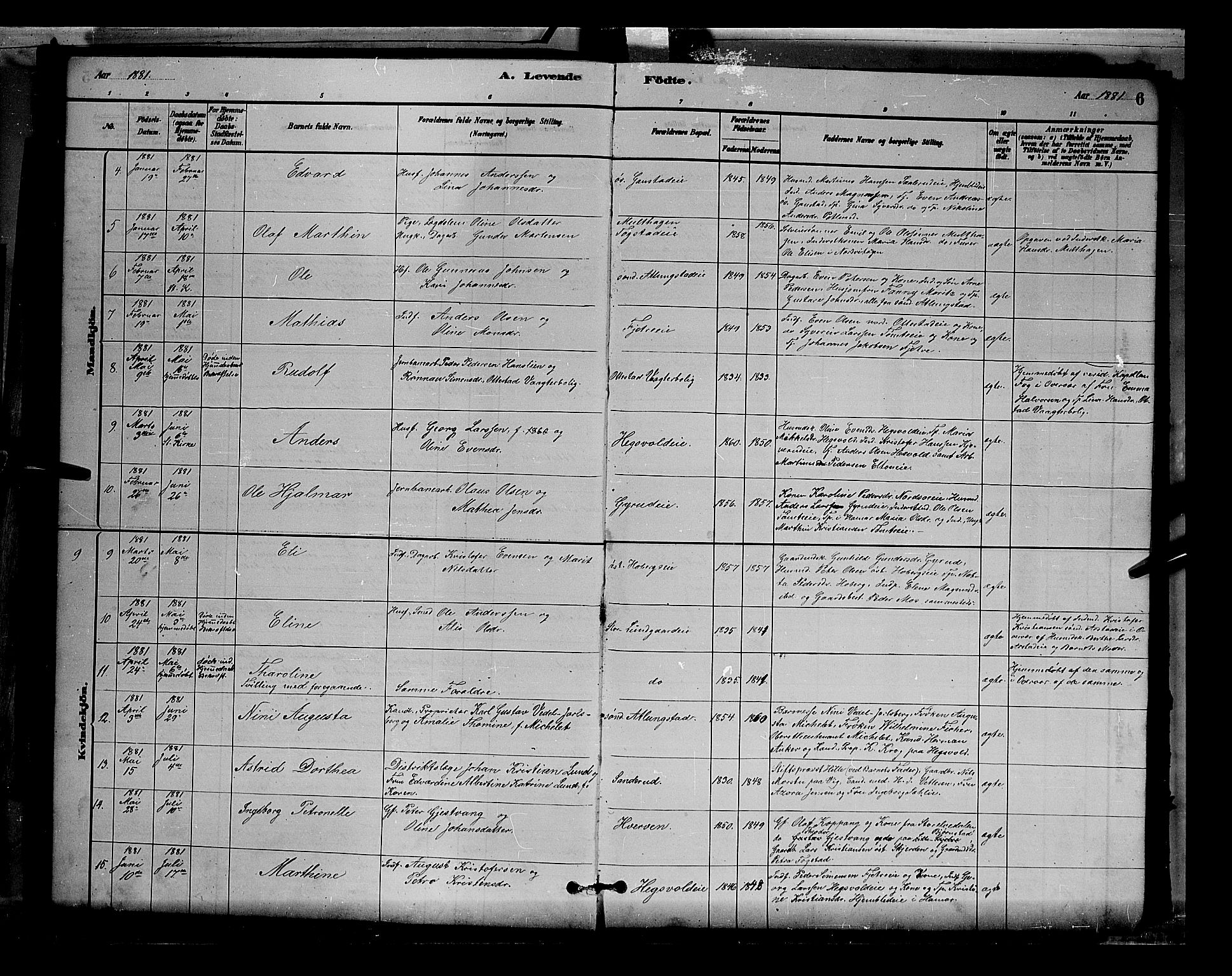 Stange prestekontor, AV/SAH-PREST-002/L/L0007: Parish register (copy) no. 7, 1880-1893, p. 6