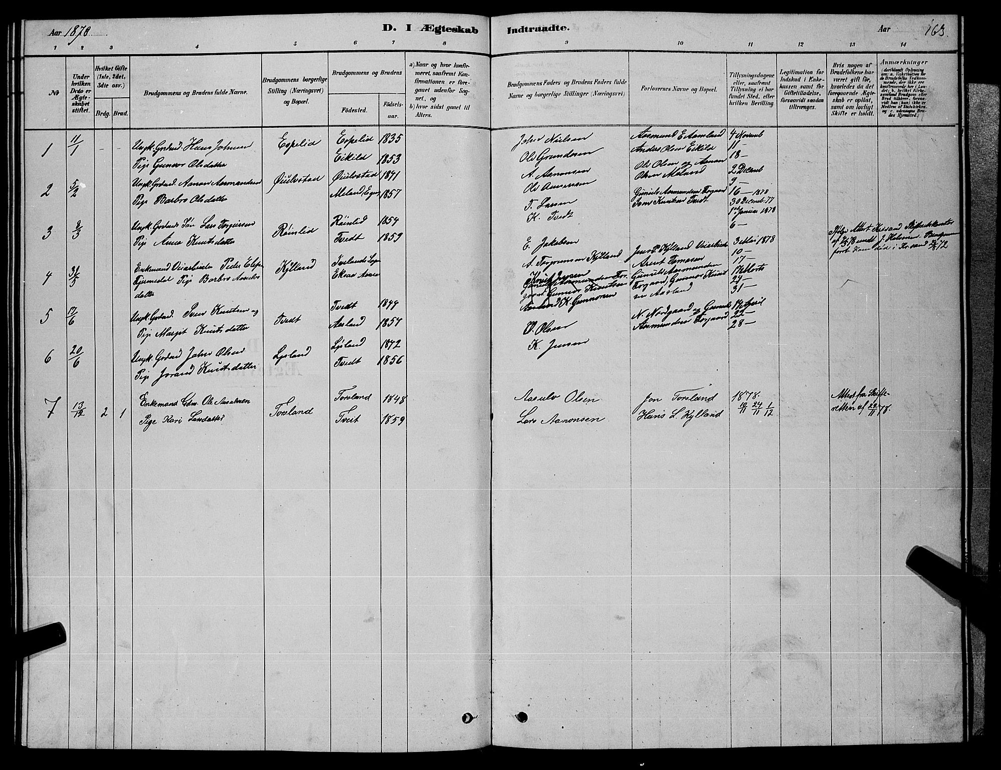 Åseral sokneprestkontor, AV/SAK-1111-0051/F/Fb/L0002: Parish register (copy) no. B 2, 1878-1899, p. 163