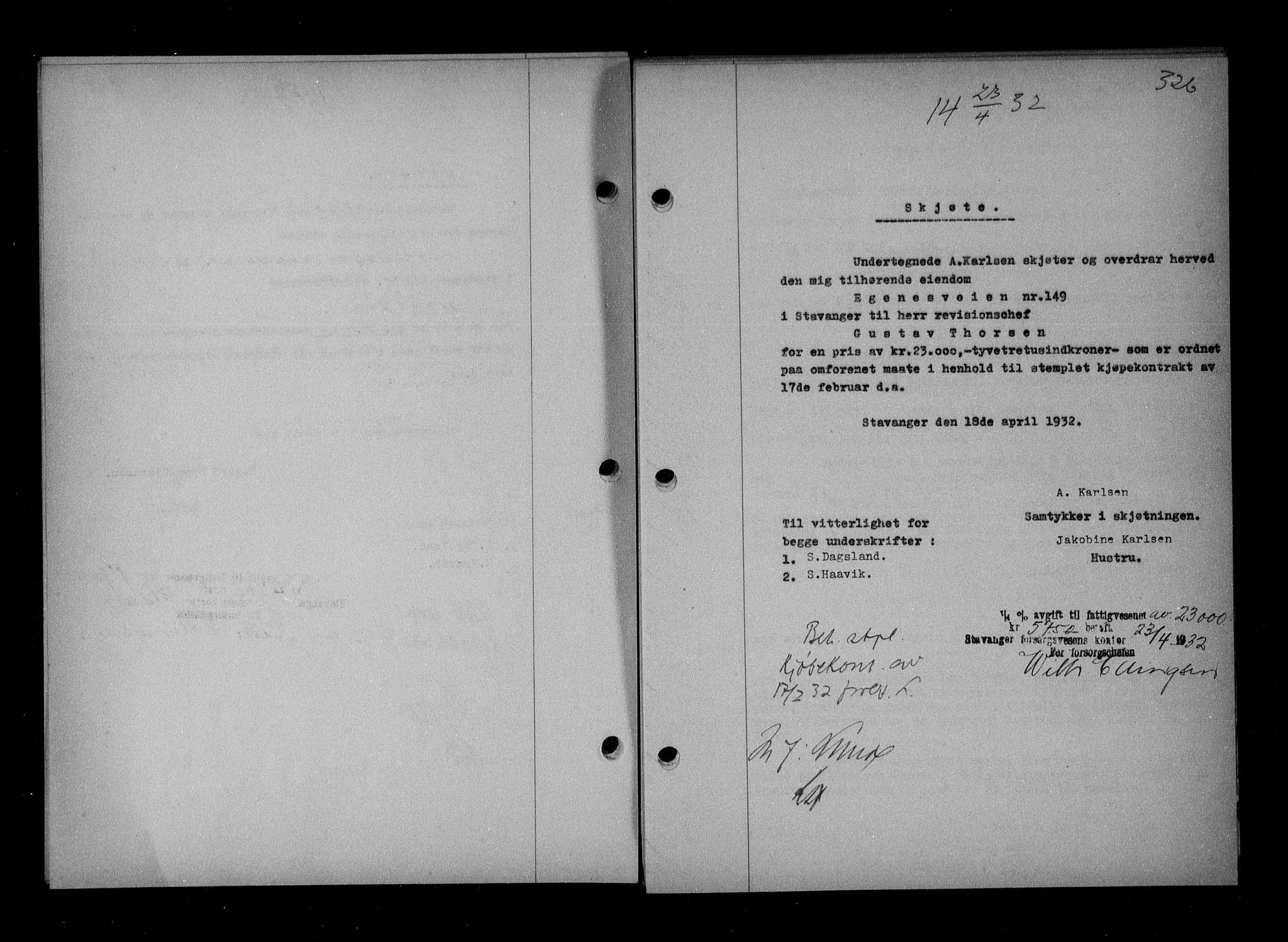 Stavanger byfogd, SAST/A-101408/001/4/41/410/410BB/L0061: Mortgage book no. 51, 1932-1932, Deed date: 23.04.1932