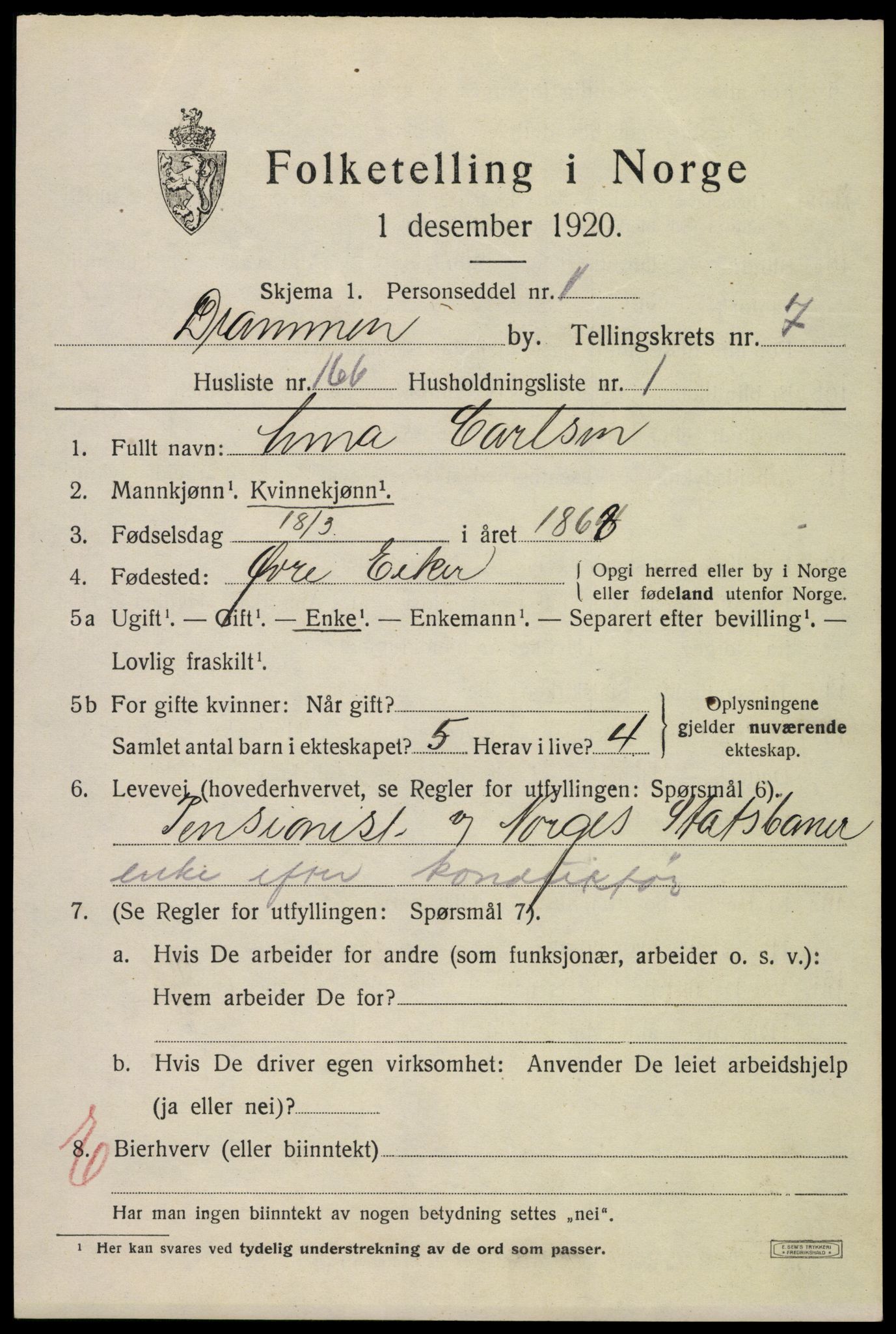 SAKO, 1920 census for Drammen, 1920, p. 50165