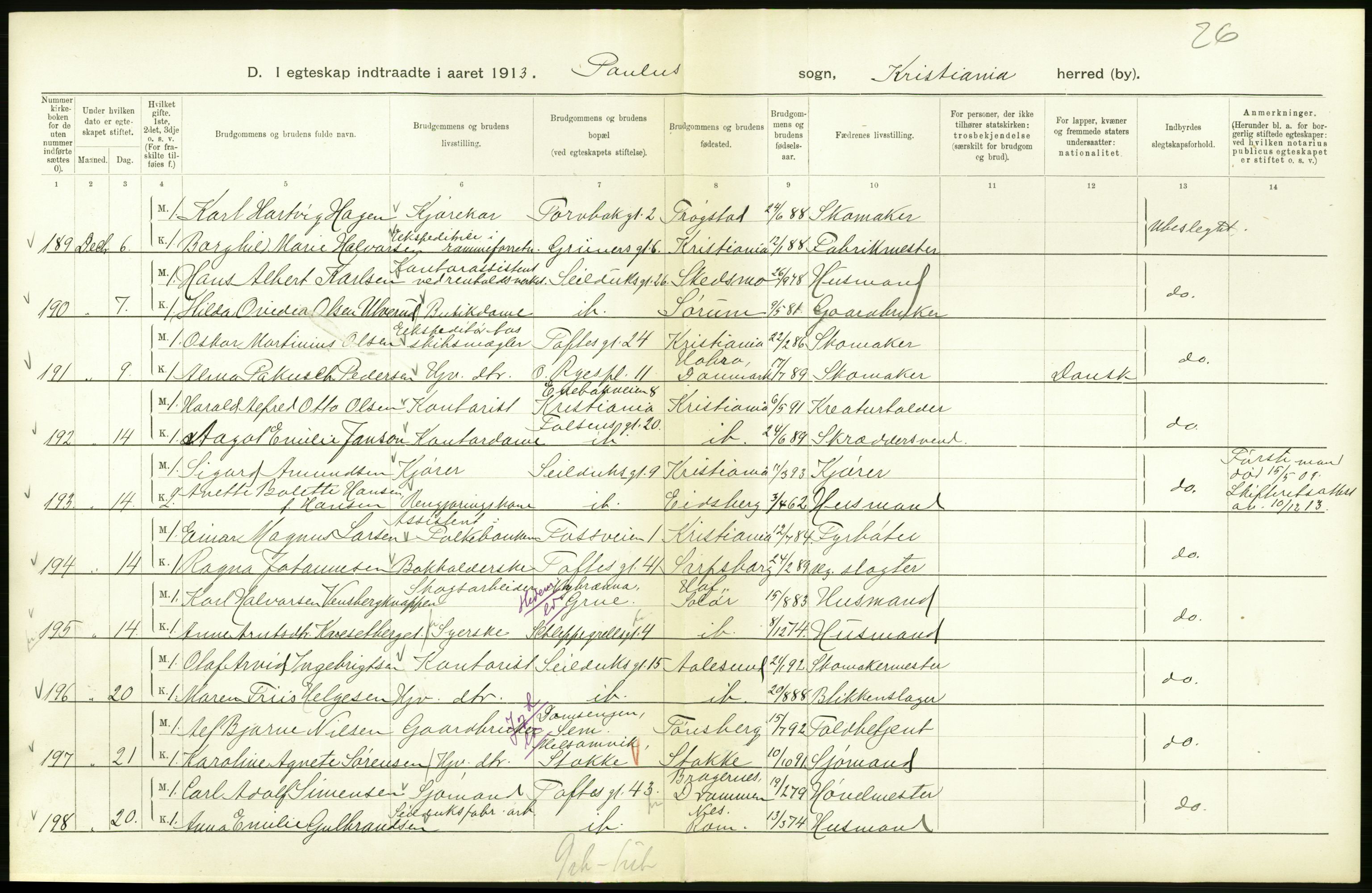 Statistisk sentralbyrå, Sosiodemografiske emner, Befolkning, AV/RA-S-2228/D/Df/Dfb/Dfbc/L0008: Kristiania: Gifte., 1913, p. 286