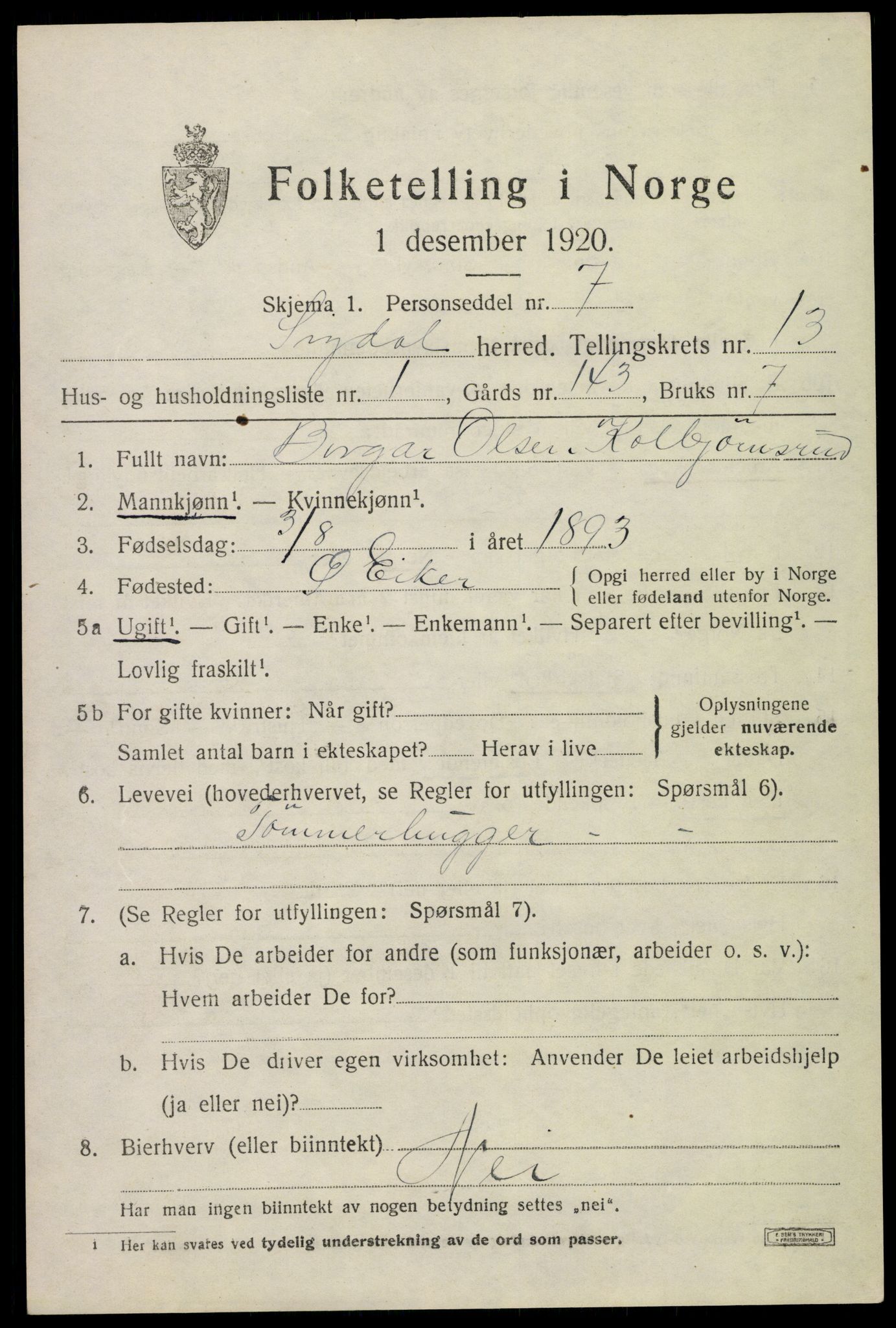 SAKO, 1920 census for Sigdal, 1920, p. 8076