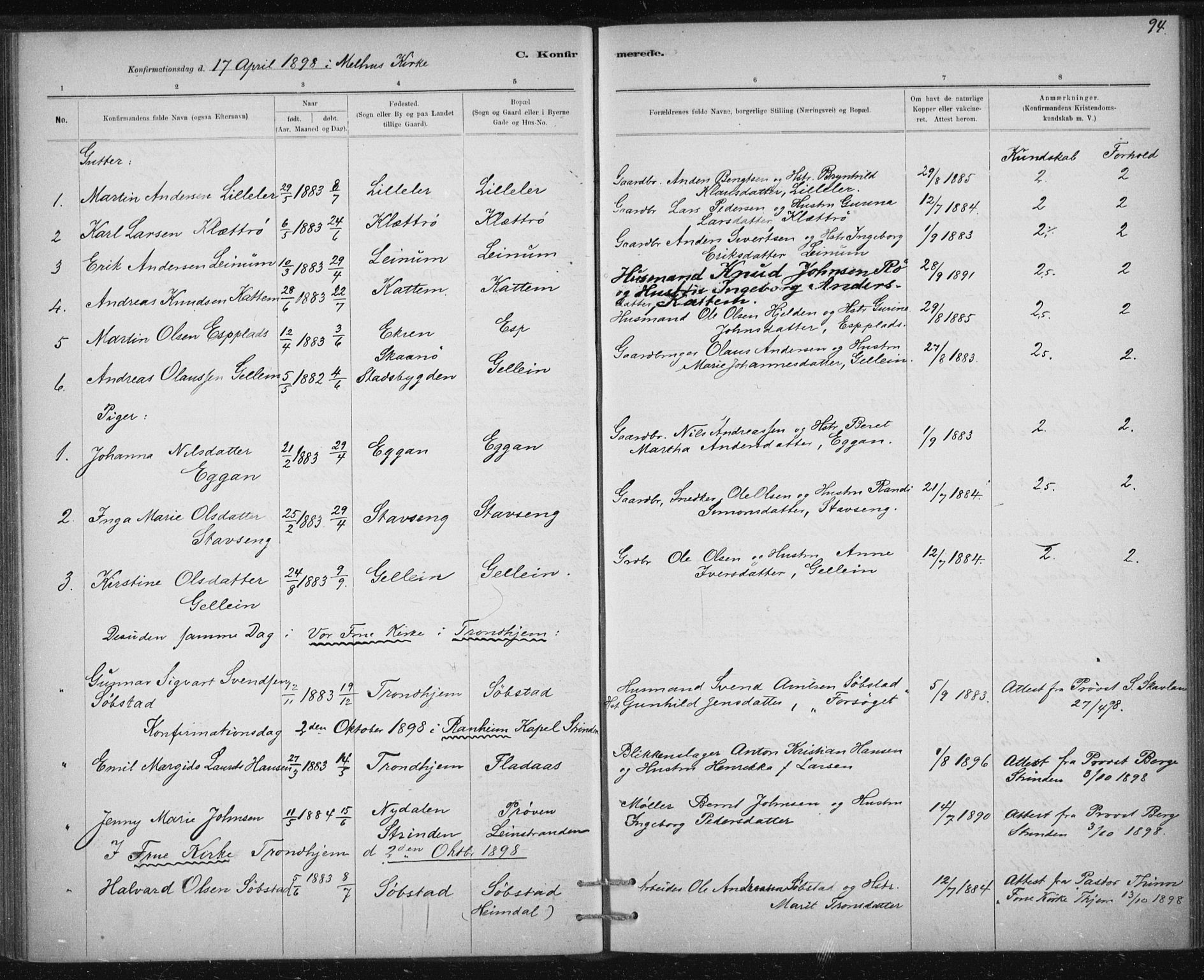 Ministerialprotokoller, klokkerbøker og fødselsregistre - Sør-Trøndelag, SAT/A-1456/613/L0392: Parish register (official) no. 613A01, 1887-1906, p. 94