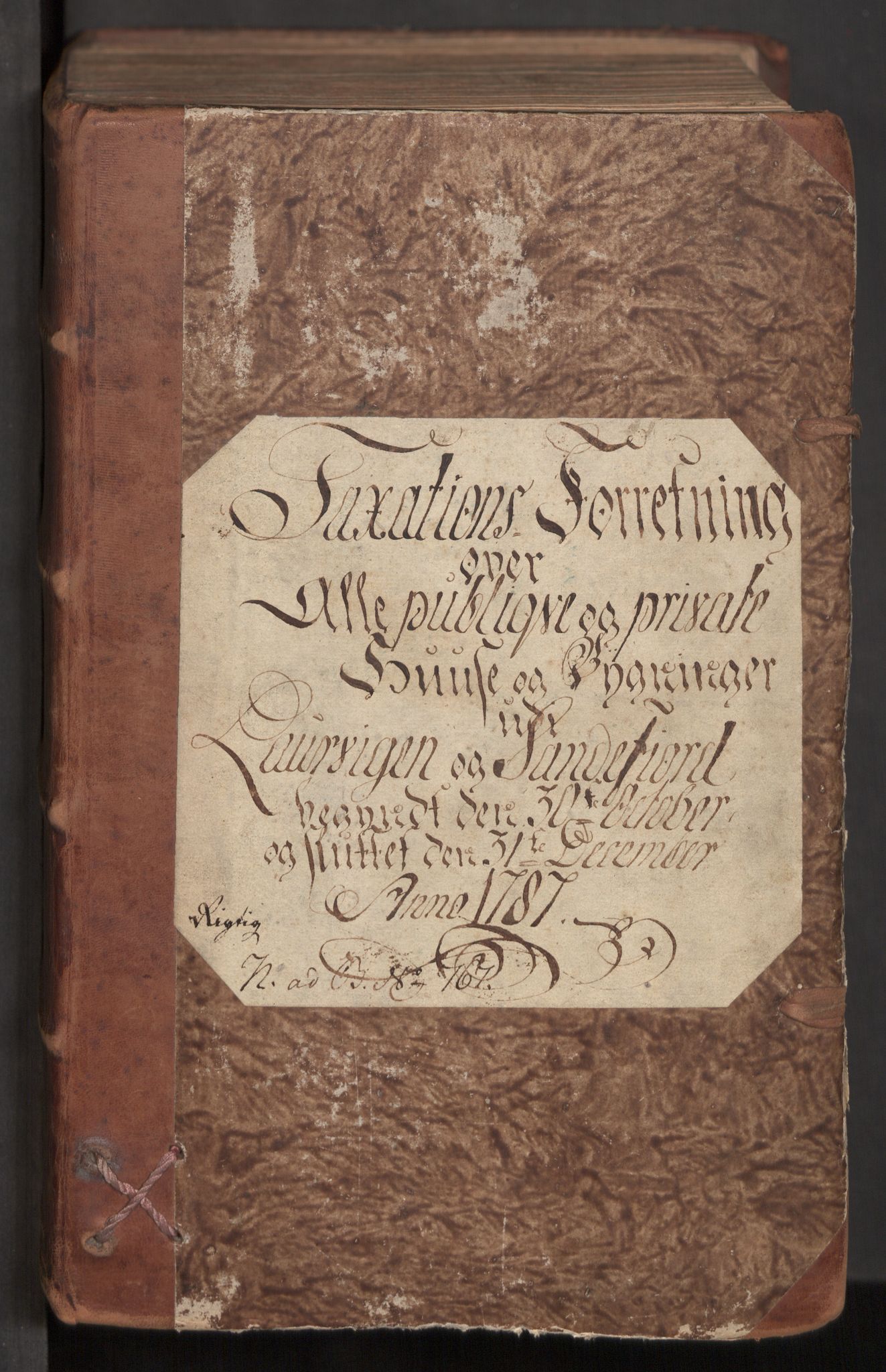 Kommersekollegiet, Brannforsikringskontoret 1767-1814, RA/EA-5458/F/Fa/L0036/0001: Larvik og Sandefjord / Branntakstprotokoll, 1787